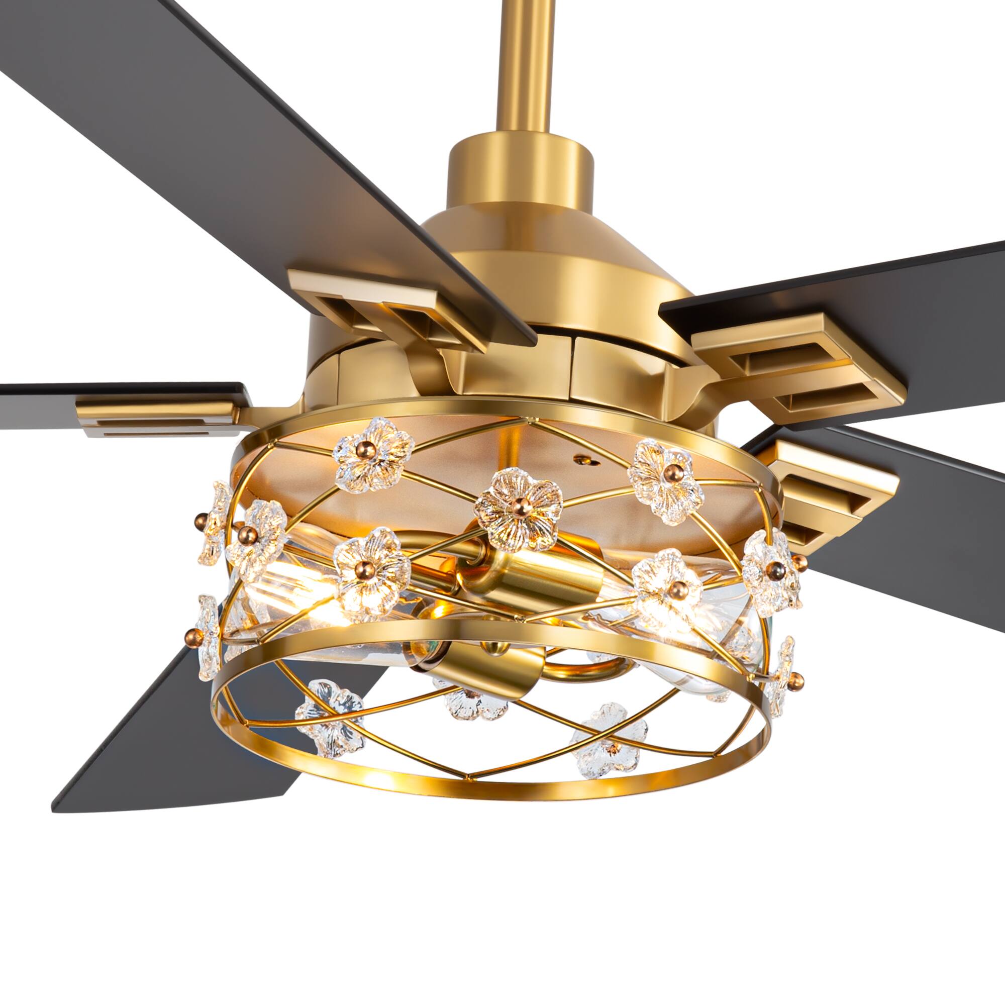 Alt View 9. Breezary - 52-Inch Indoor Ceiling Fan with Light Kit, 5 Plywood Dual-Finish Blades, DC Motor, 5/10'' Downrods, Remote, Glass Shade - Electroplated Gold with Black and Deep Red Walnut.