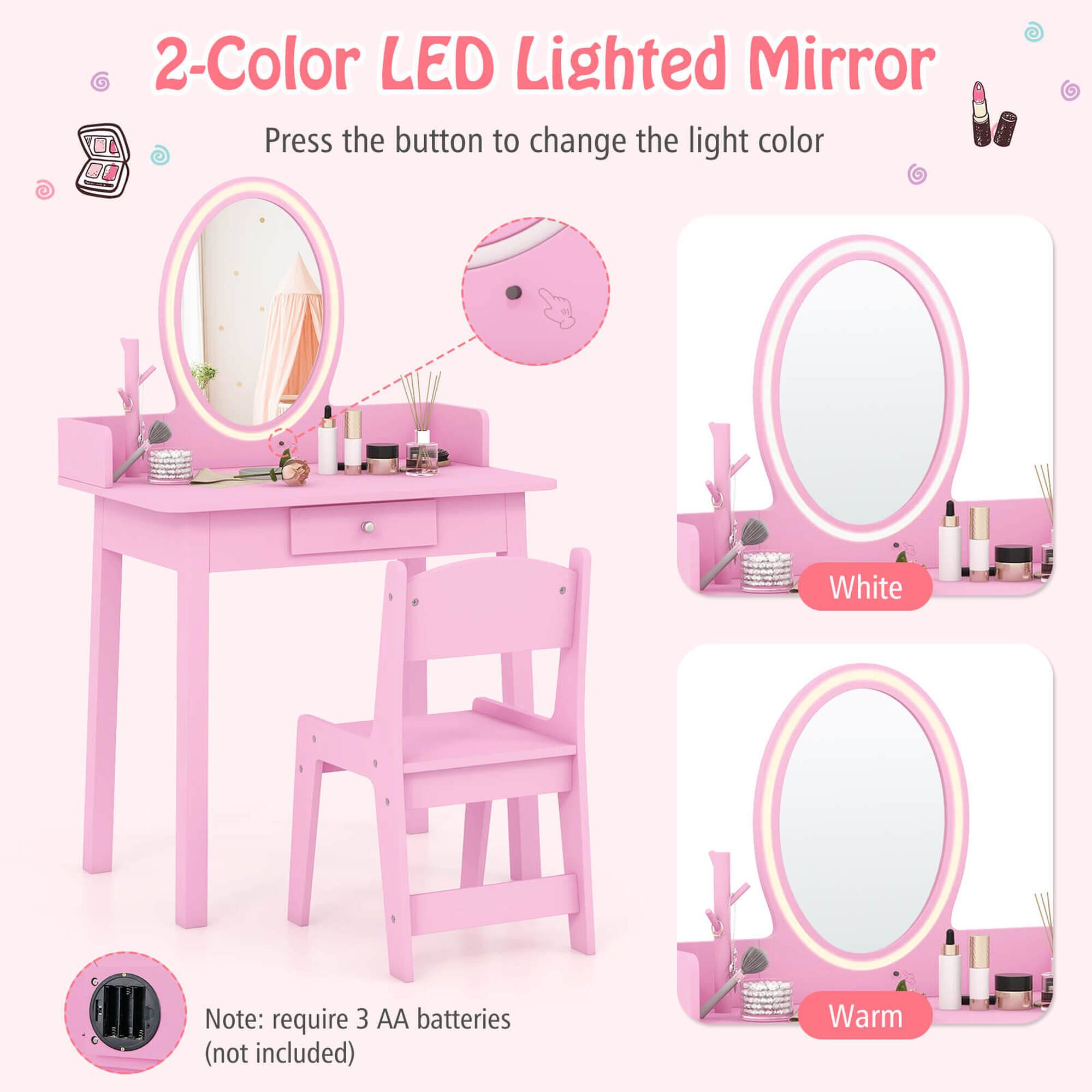 2-Color LED Lighted Mirror

Press the button to change the light color

White

Warm

Note: Requires 3 AA batteries (not included)