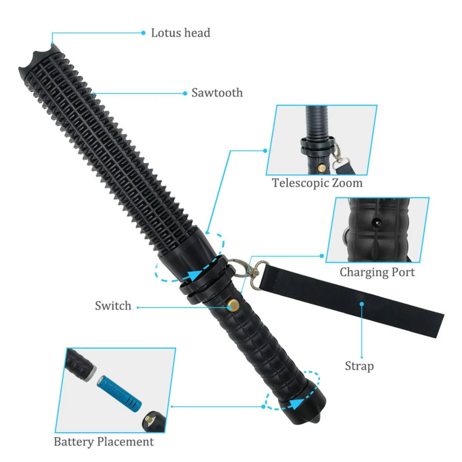 Lotus head  
Sawtooth  
Telescopic Zoom  
Charging Port  
Switch  
Strap  
Battery Placement