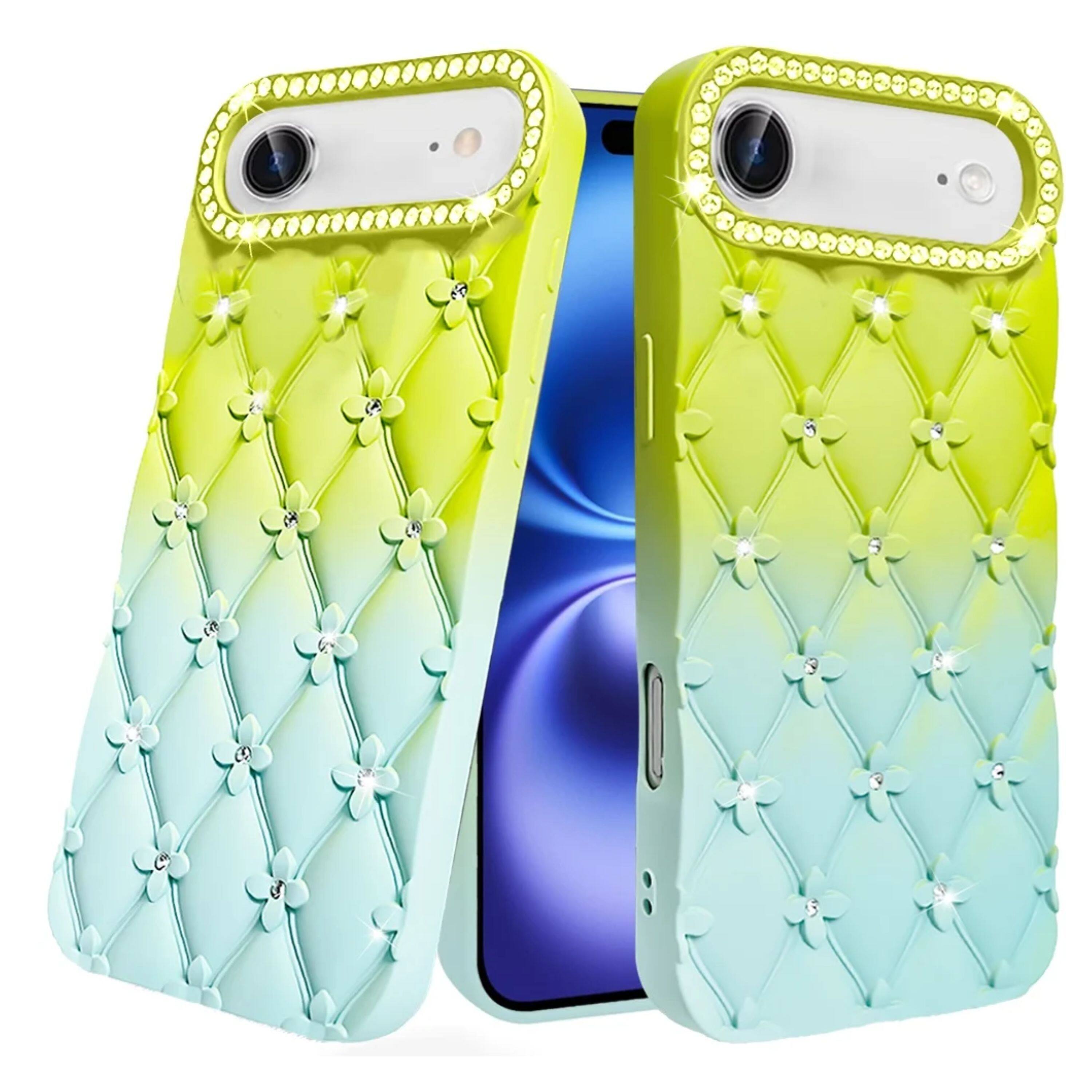 Angle. Kitcheniva - Diamond Pattern Design Rubber Phone Case With Tempered Glass For iPhone Air Light Green/Teal - Light Green/Teal.