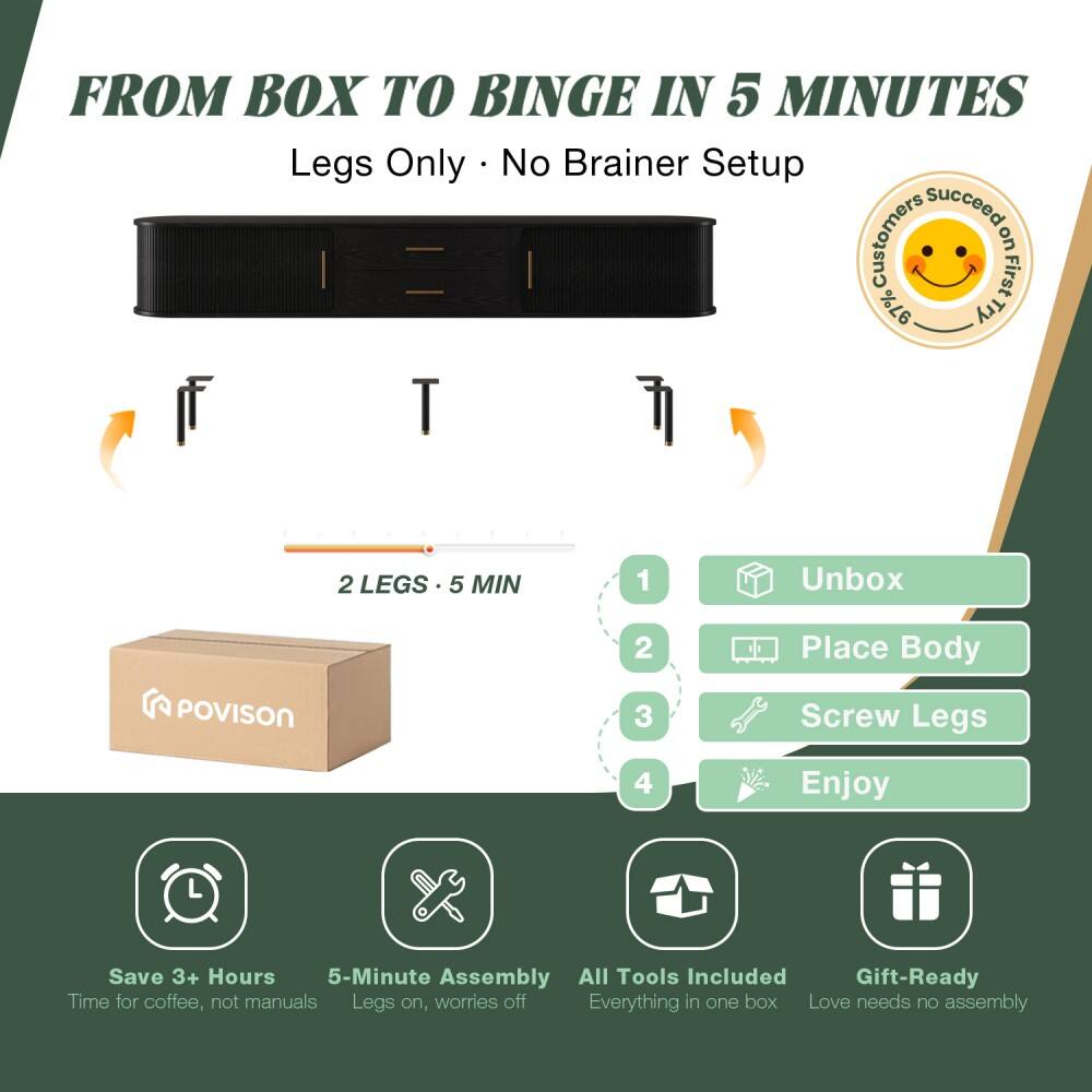 FROM BOX TO BINGE IN 5 MINUTES  
Legs Only • No Brainer Setup  

Customers Succeed on 97%  

1. Unbox  
2. Place Body  
3. Screw Legs  
4. Enjoy  

2 LEGS • 5 MIN  

Save 3+ Hours  
Time for coffee, not manuals  

5-Minute Assembly  
Legs on, worries off  

All Tools Included  
Everything in one box  

Gift-Ready  
Love needs no assembly