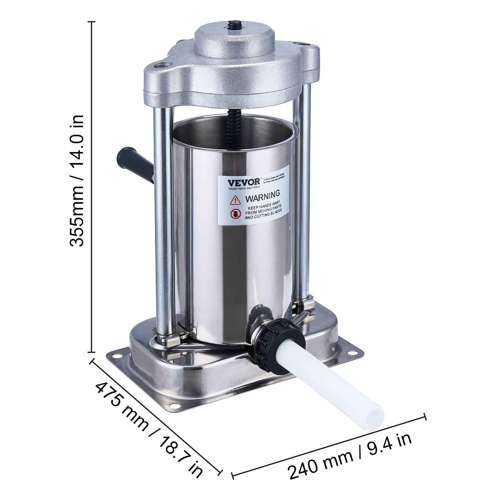 14.0 / 355mm / 14.0 VEVOR

WARNING
KEEP HANDS AWAY FROM MOVING PARTS AND CUTTING BLADES

475 mm / 18.7 in
240 mm / 9.4 in