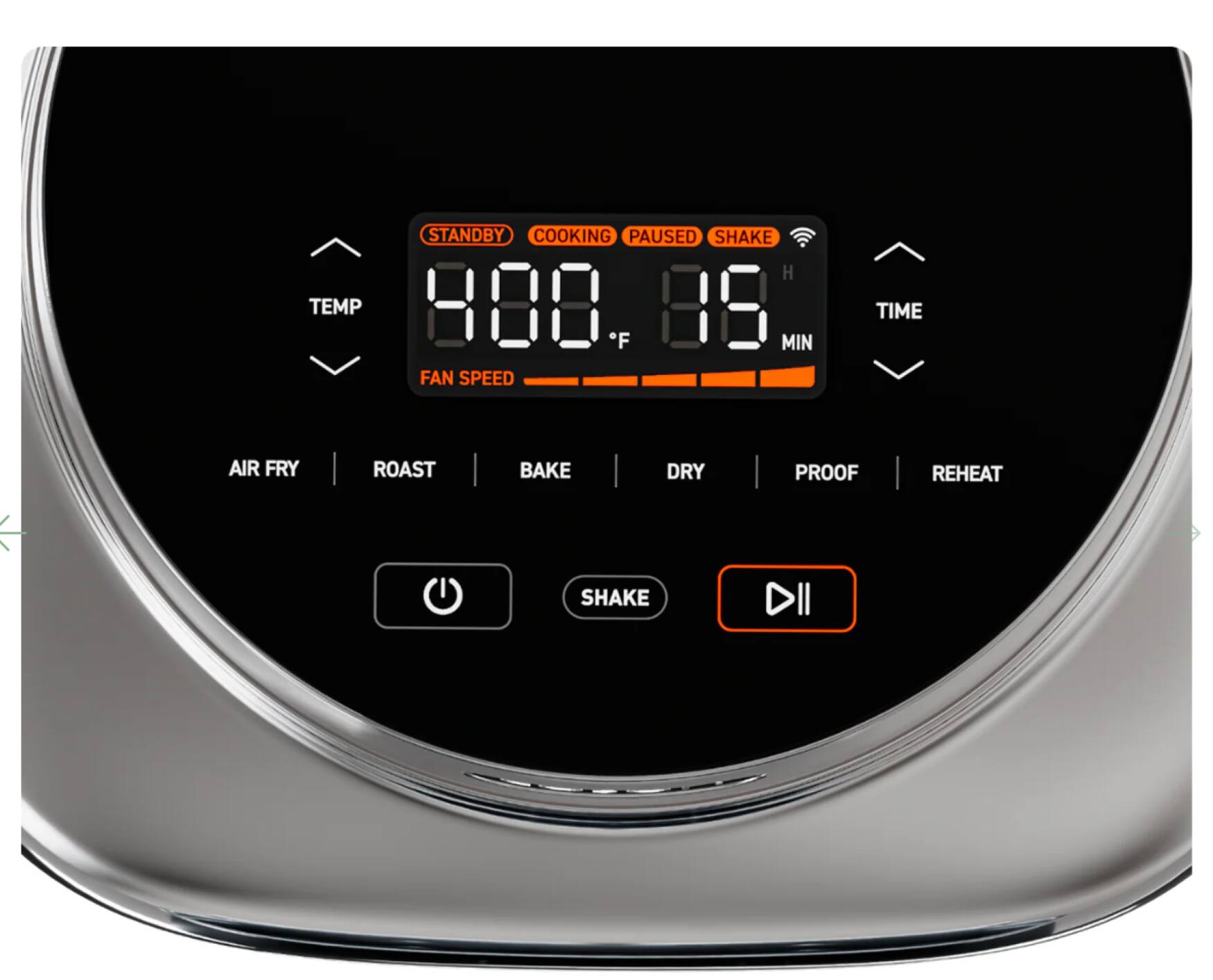 STANDBY COOKING PAUSED SHAKE H TEMP 888 F 88 MIN FAN SPEED TIME AIR FRY ROAST BAKE DRY PROOF REHEAT SHAKE