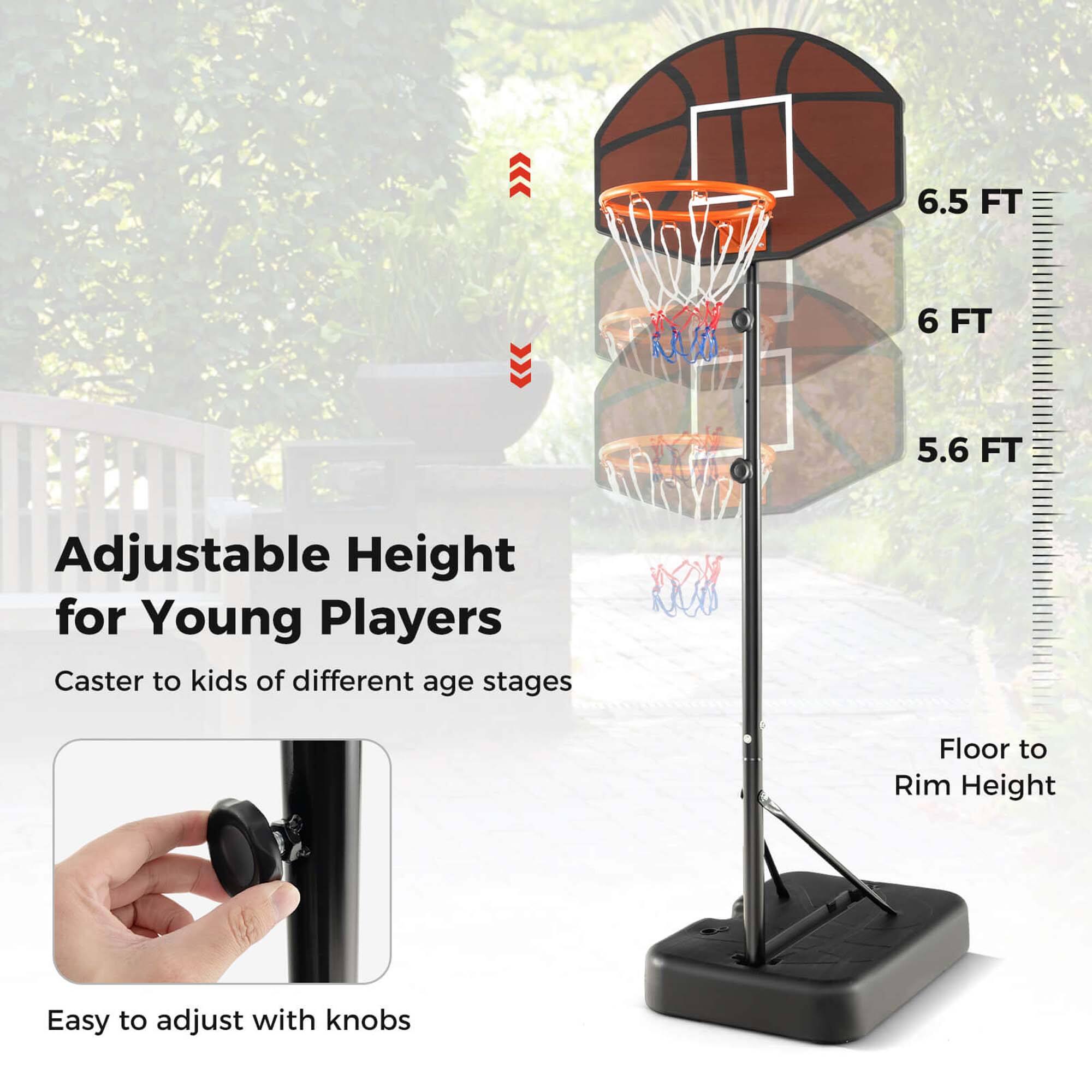 Adjustable Height for Young Players  
Caster to kids of different age stages  

6.5 FT  
6 FT  
5.6 FT  

Floor to Rim Height  

Easy to adjust with knobs