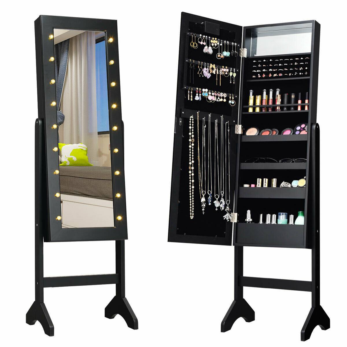 Gymax - Full Length Mirror Jewelry Organizer Vanity Box w/ 18 LED Lights - Black