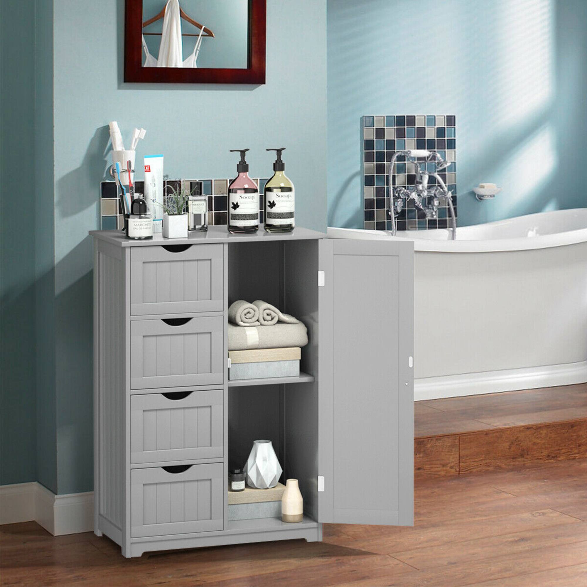 Alt View 1. Gymax - Gymax Bathroom Floor Cabinet Storage Organizer Cupboard w/ 4 Drawers Adjustable Shelf Grey - Grey.