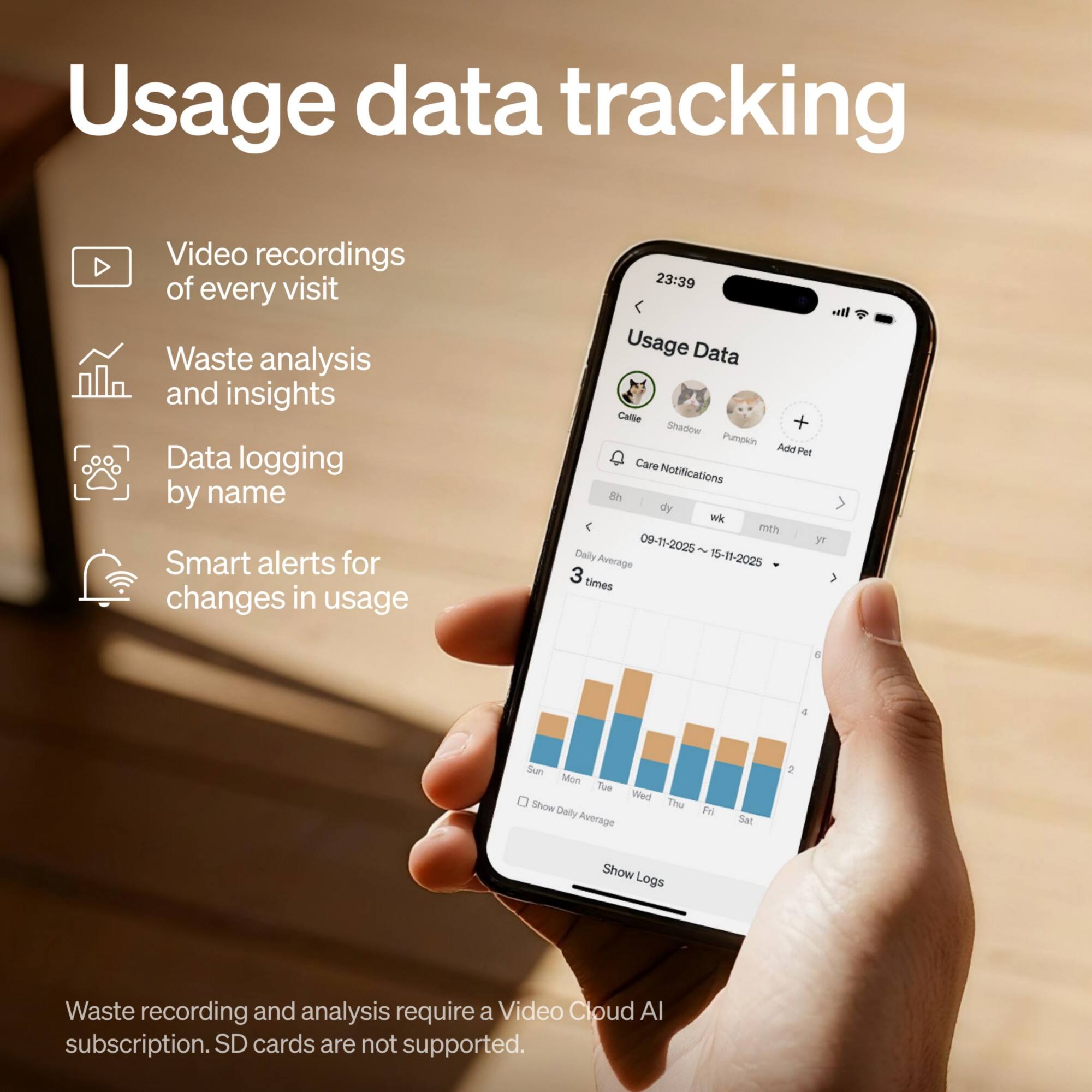 Usage data tracking

- Video recordings of every visit
- Waste analysis and insights
- Data logging by name
- Smart alerts for changes in usage

23:39
Usage Data
Callie + Shadow Pumpkin
Add Pet
Care Notifications
8h dy wk mth yr
09-11-2025 ~ 15-11-2025
Daily Average
3 times
Sun Mon Tue Wed Thu Fri Sat
Show Logs

Waste recording and analysis require a Video Cloud AI subscription. SD cards are not supported.