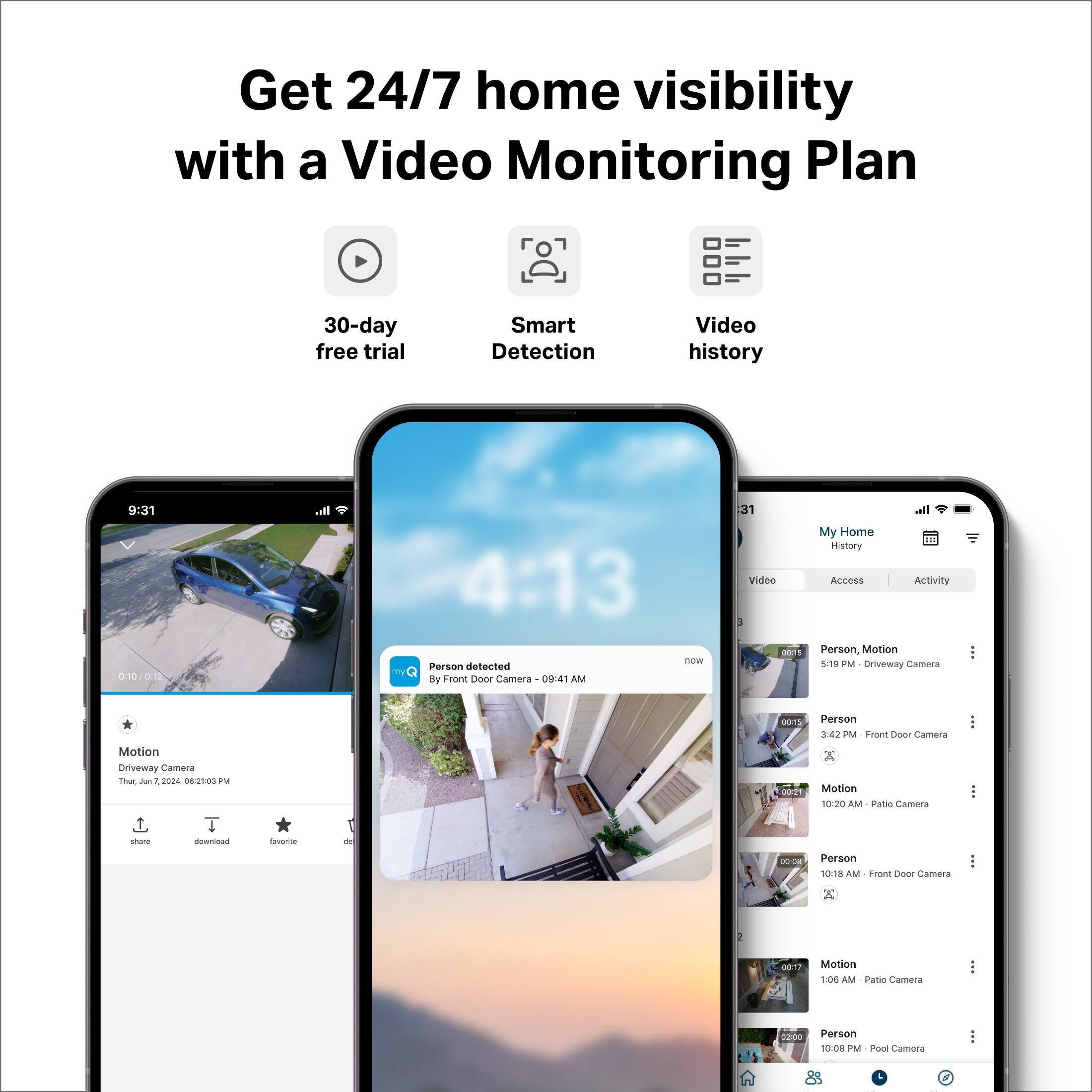 Get 24/7 home visibility with a Video Monitoring Plan. 30-day free trial. Smart Detection. Video history. 9:31 0:10. Or 4:13. Person detected. Front Door Camera. 9:41 AM. 131 Video. All My Home III History. Access Activity. Person Motion. 5.19 M. Driveway Camera. Motion. Driveway Camera. Tu - 1 m. 6-21:03 PM. 8015. 202 Person. 342 P. Front Door Camera. Motion. 1:06 AM. Patio Camera. Person. 10:08 PM. Pool Camera. Person.
