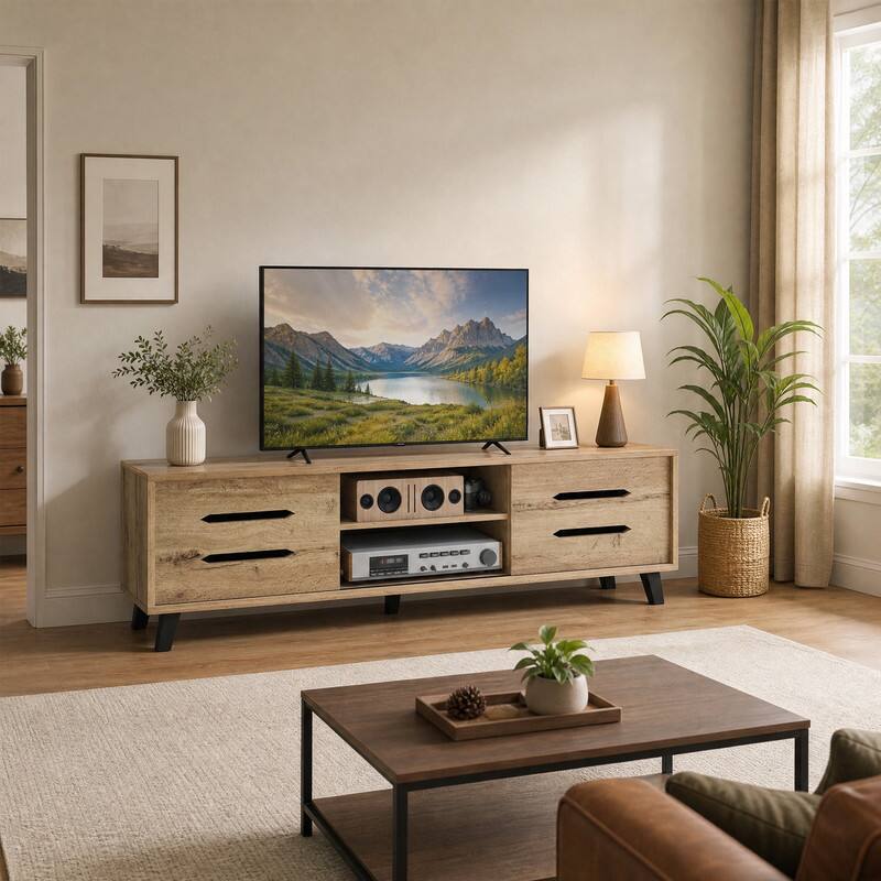 Alt View 2. WELLFOR - Mid Century Modern TV Stand for TVs up to 65" with Sliding Doors and Cable Hole,Entertainment Centre,Media Console Table - Natural.