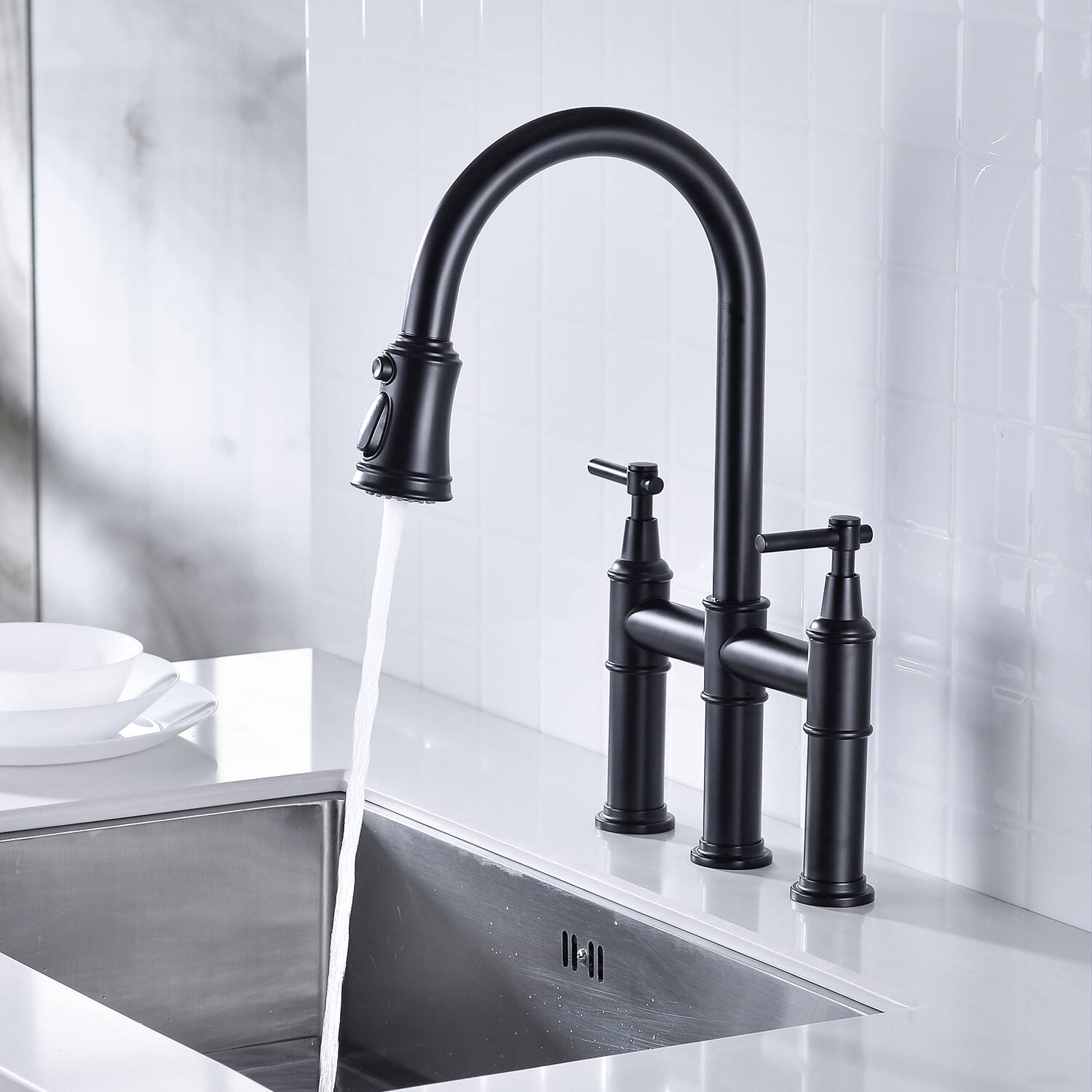 Alt View 4. Siljoy - Bridge Kitchen Faucet with Pull-Down Sprayhead in Spot - Matte Black.