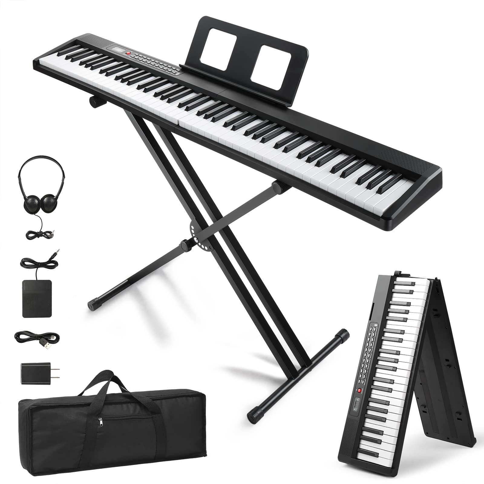 Winado - 88 Keys Folding Keyboard Piano Portable Piano Bluetooth With Stand,Bag - Black