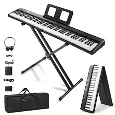 Front. Winado - 88 Key Foldable Electronic Keyboard Piano Set, Semi-Weighted Electric Piano Digital Piano with Dual X Stand,1000 Rhythms - Black.