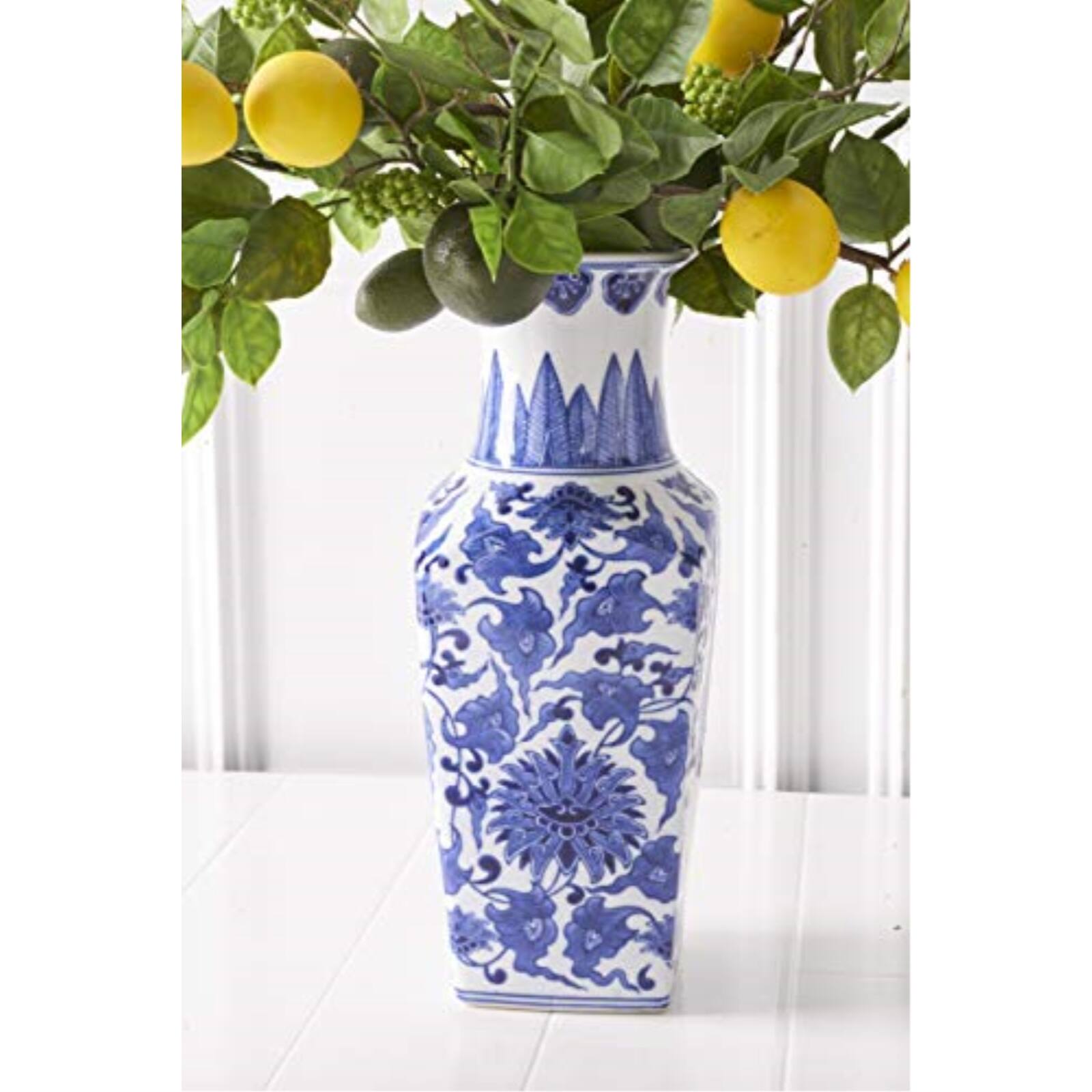 Angle. K&K Interiors - K&K Interiors Porcelain Blue and White Chinoiserie Square Vase 14 inch - Blue and White.