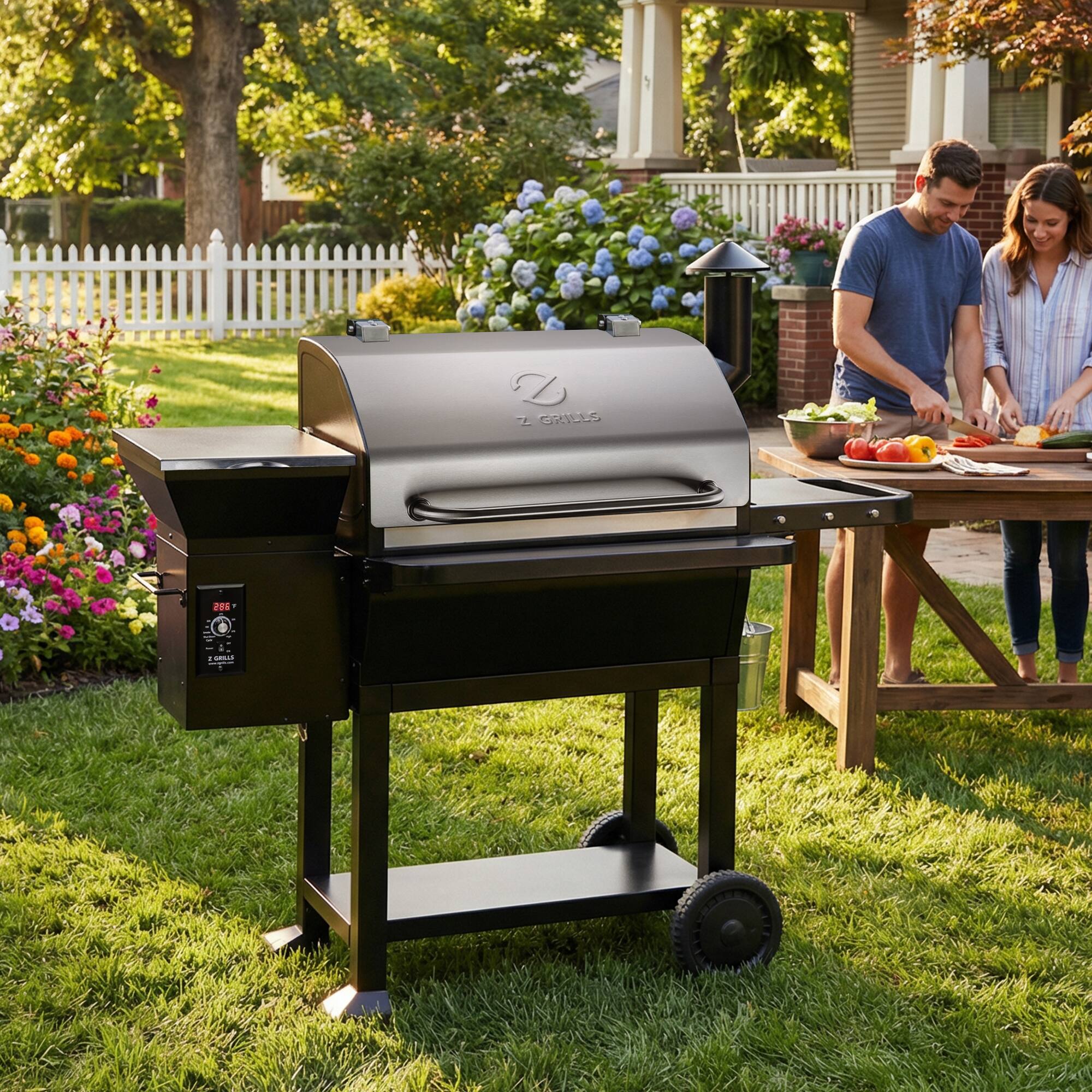 Angle. Z GRILLS - Powerhouse 1056 sq. in. Pellet Grill and Smoker with Foldable Front Shelf and Rain Cover - Sliver.