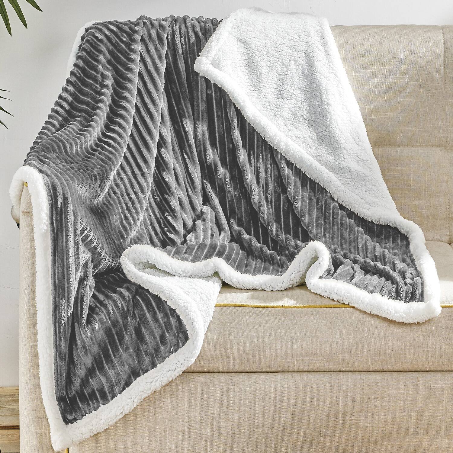Alt View 1. Noble House - Plazatex Corduroy Faux Sherpa Reverse Throw Blanket - 50x60", Grey - Grey.