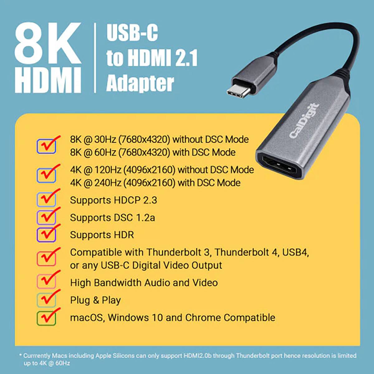 USB-C 8K to HDMI 2.1 HDMI Adapter

- 8K @ 30Hz (7680x4320) without DSC Mode
- 8K @ 60Hz (7680x4320) with DSC Mode
- 4K @ 120Hz (4096x2160) without DSC Mode
- 4K @ 240Hz (4096x2160) with DSC Mode

Supports:
- HDCP 2.3
- DSC 1.2a
- HDR

Compatible with:
- Thunderbolt 3, Thunderbolt 4, USB4, or any USB-C Digital Video Output
- High Bandwidth Audio and Video
- Plug & Play
- macOS, Windows 10, and Chrome

*Currently Macs including Apple Silicon can only support HDMI 2.0b through Thunderbolt port hence resolution is limited up to 4K @ 60Hz