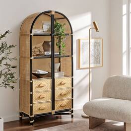 Jane 71 Inch Tall Arched Natural Rattan Bookshelf by Modway - Natural Black