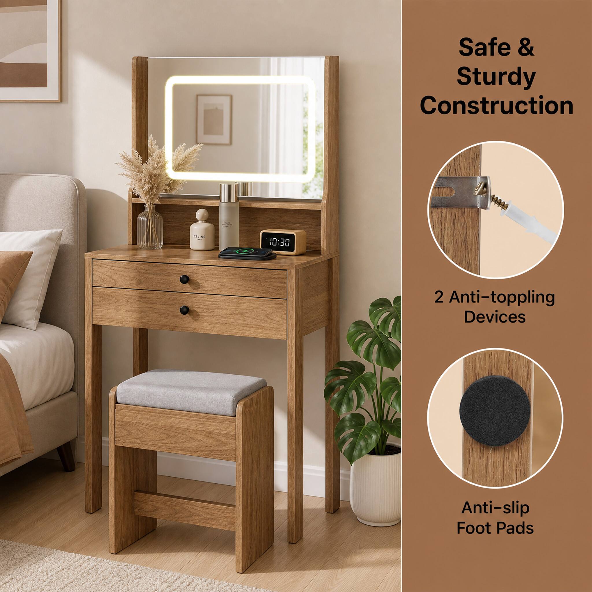 Safe & Sturdy Construction

AAAA!
CLINE
+
10:30

2 Anti-toppling Devices
Anti-slip Foot Pads