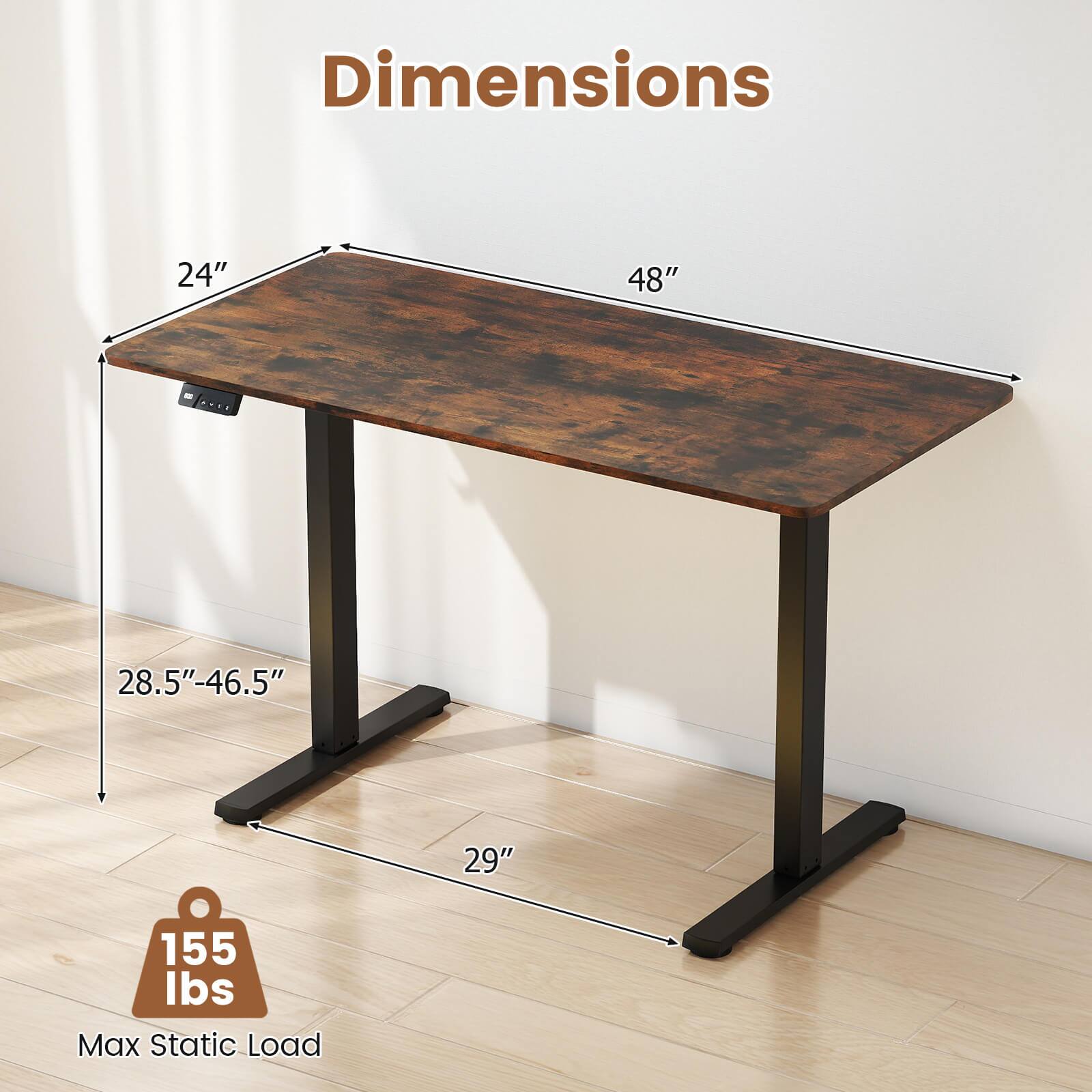 Dimensions  
24" x 48"  
28.5"-46.5"  
29"  
Max Static Load: 155 lbs