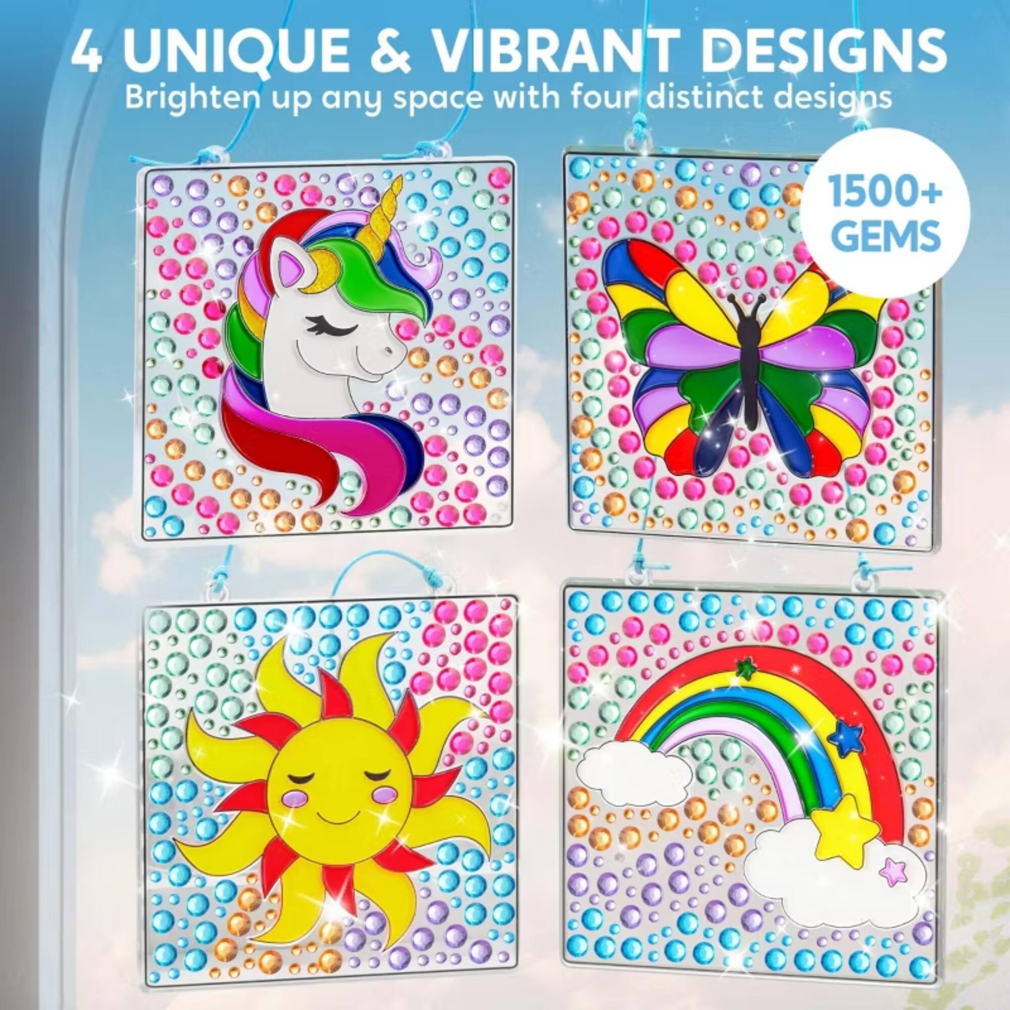 4 UNIQUE & VIBRANT DESIGNS  
Brighten up any space with four distinct designs  
1500+ GEMS