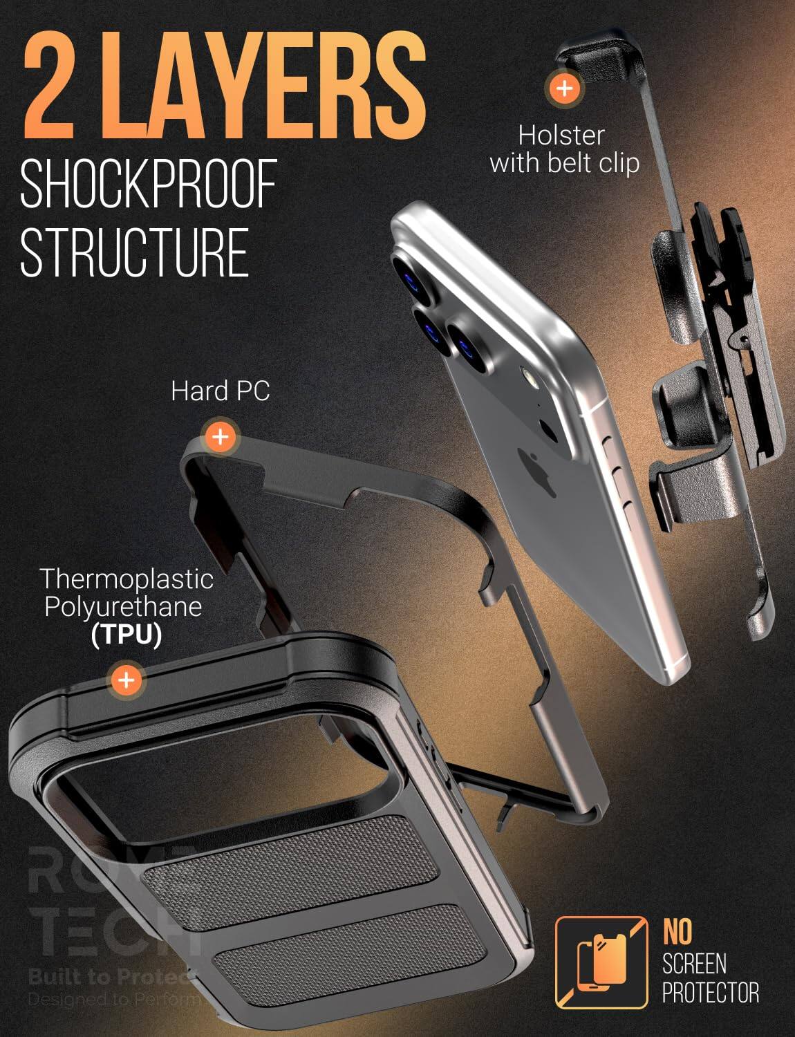 2 LAYERS  
SHOCKPROOF STRUCTURE  
Holster with belt clip  
Hard PC  
Thermoplastic Polyurethane (TPU)  
NO SCREEN PROTECTOR  

Built to Protect  
Designed to Perform