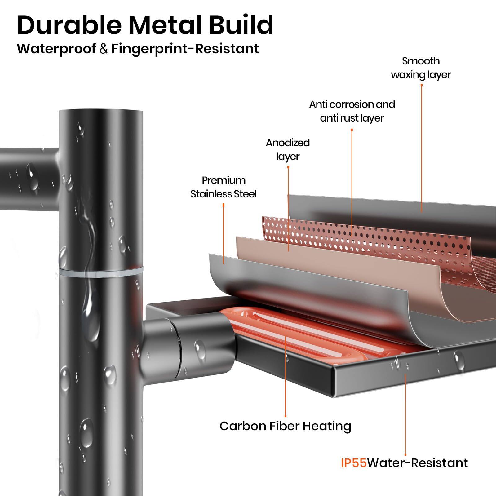 Durable Metal Build  
Waterproof & Fingerprint-Resistant  

- Premium Stainless Steel  
- Anodized layer  
- Anti corrosion and anti rust layer  
- Smooth waxing layer  
- Carbon Fiber Heating  
- IP55 Water-Resistant