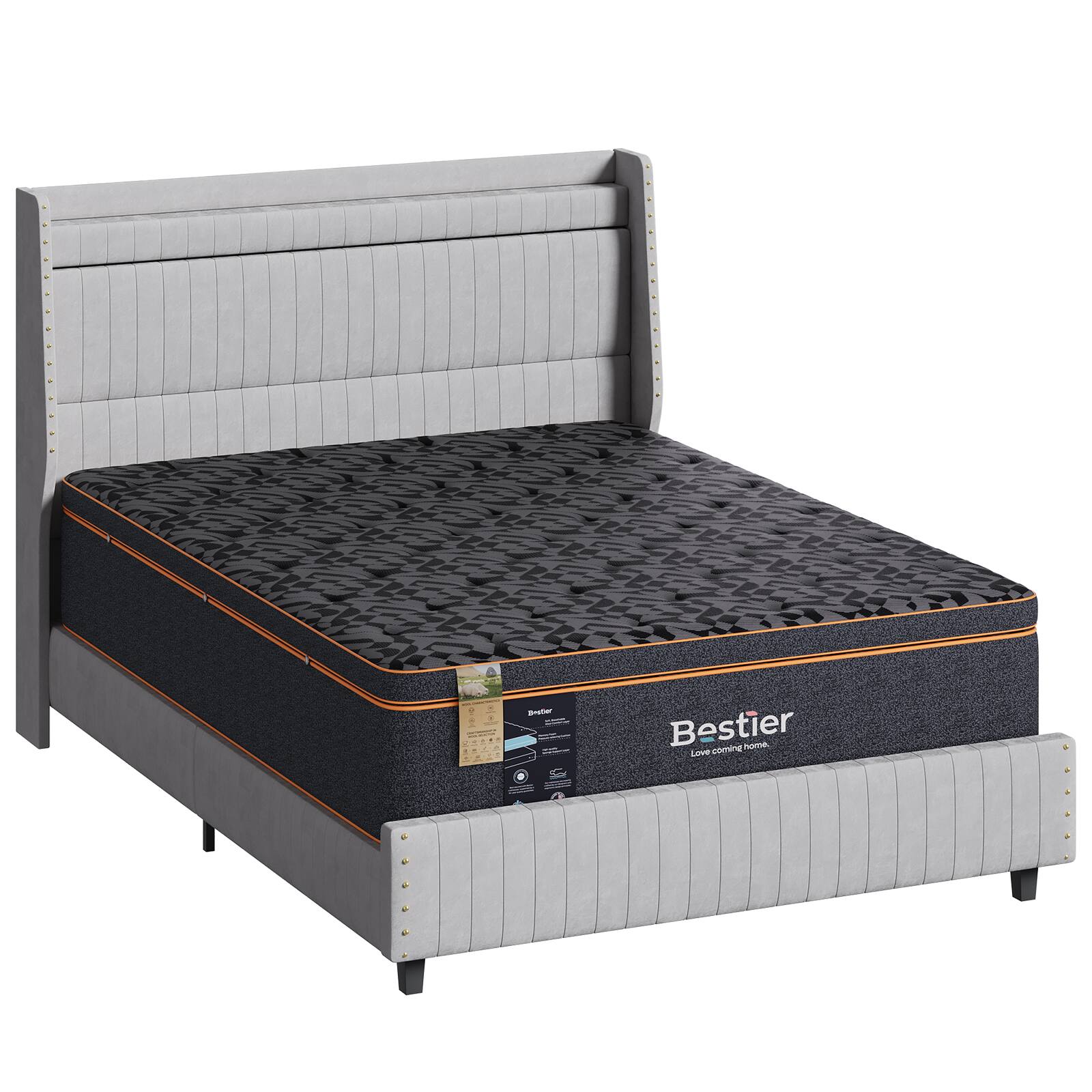 Bestier - 12inch Mattress Medium Firm Organic Wool Gel Memory Mattress in a Box Queen - Black