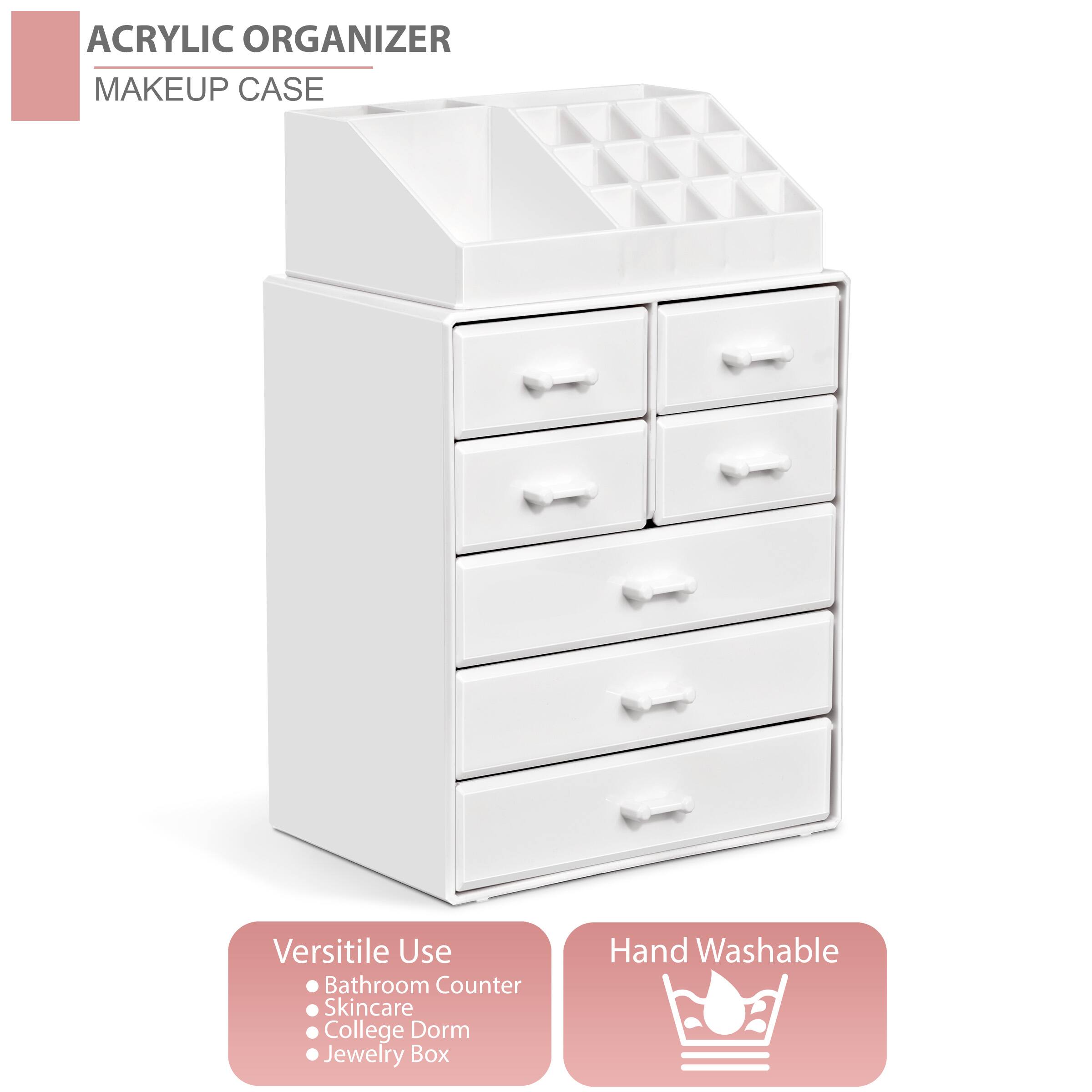 ACRYLIC ORGANIZER  
MAKEUP CASE  

Versatile Use  
- Bathroom Counter  
- Skincare  
- College Dorm  
- Jewelry Box  

Hand Washable