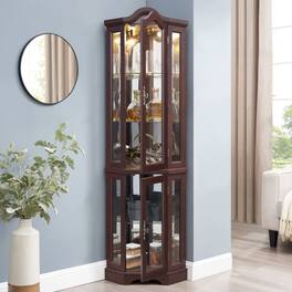 LUCKY ONE - Freestanding Corner Curio Cabinet with Tempered Glass Shelves LED Light Display for Living Room Decor - Cherry