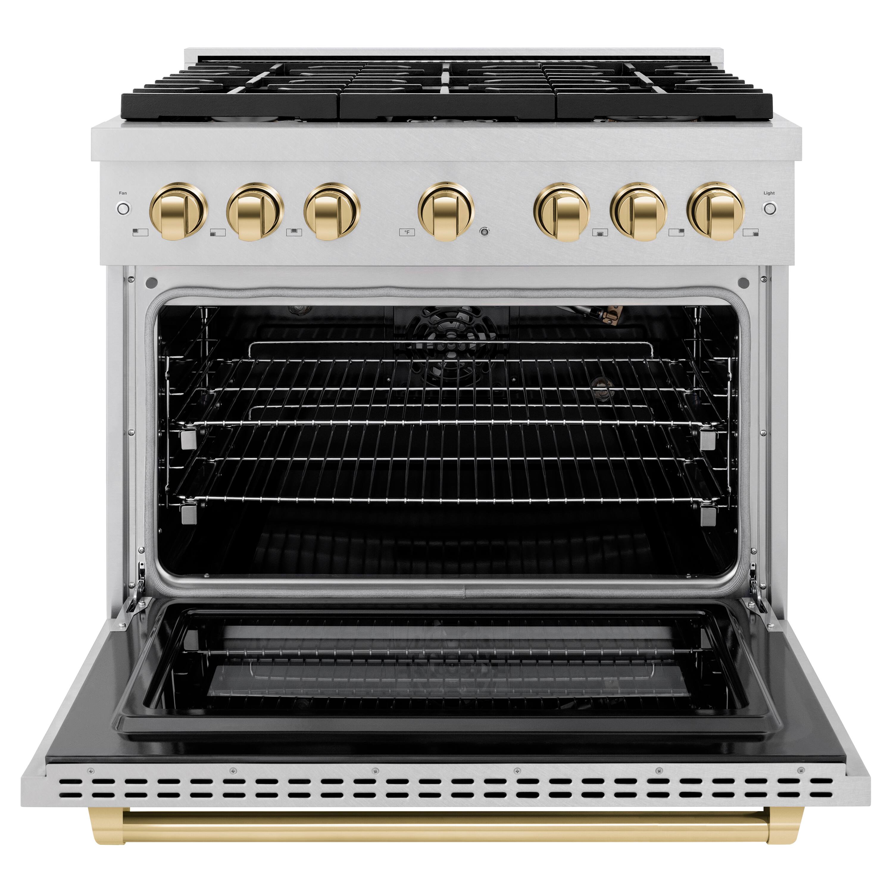Angle. ZLINE - ZLINE Autograph 36 in. Paramount Satin Steel Gas Range w/ 6 Burners & Gold Accents (SGRSZ-36-G) - Stainless Steel.