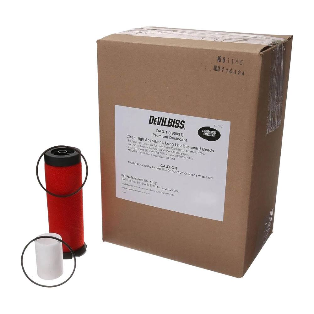 1001145 114424 DEVILBISS. DAD-1 (190831) 0003 Clear, Premium Desiccant Beads, Long Life Desiccant 5SDG-A. For Professional Use Only. CAUTION: AVOID PROLONGED BREATHING OF DUST OR CONTACT WITH SKIN.