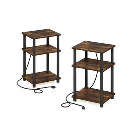 Furinno - Just 3-Tier Turn-N-Tube USB and Type-C Charging Port End Table with Open Storage, Set of 2 - Amber Pine/Black