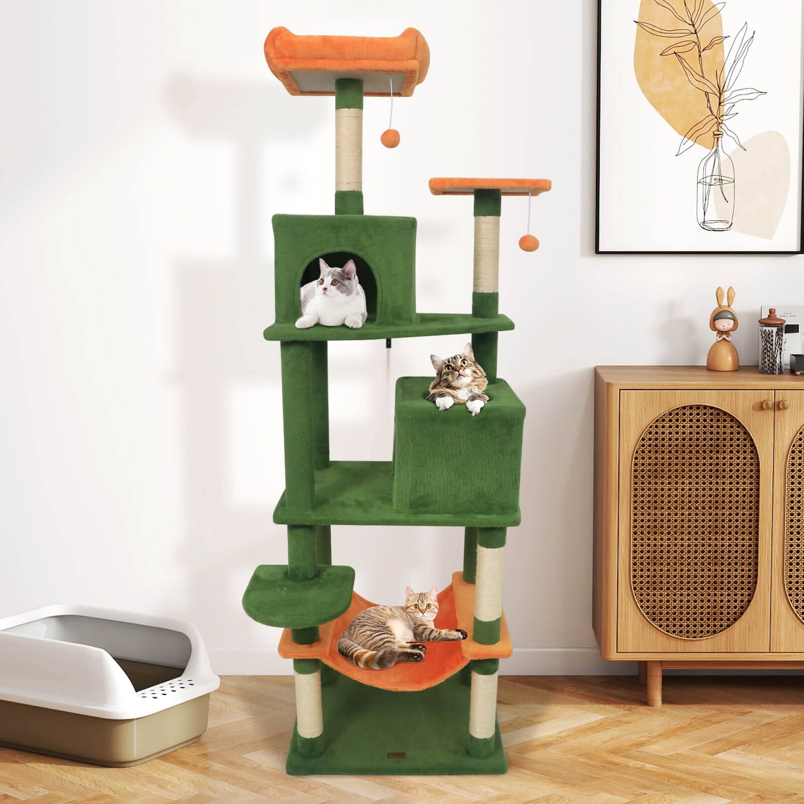 Alt View 3. Costway - Costway 70" Cat Tree for Indoor Cats with Padded Top Perch, Dual Condos, Hammock, Platforms - Green.