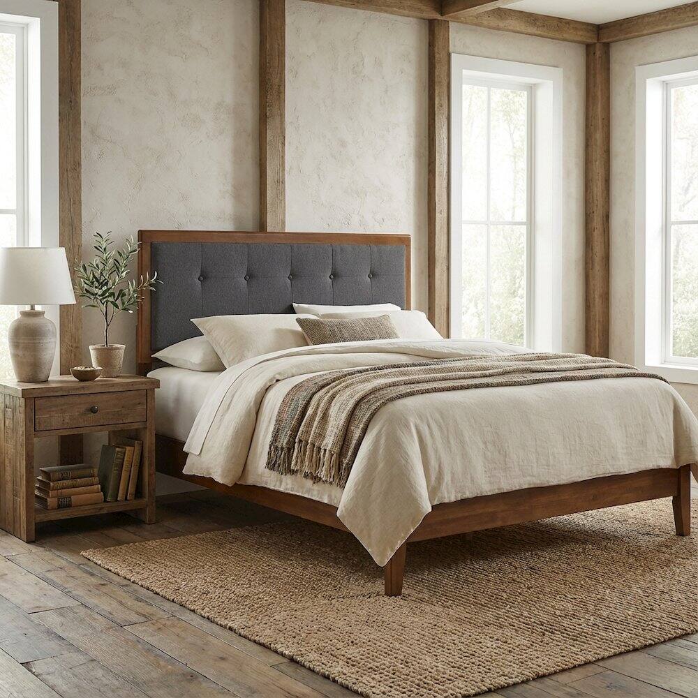 Angle. FurniFact - Tufted Fabric King Headboard with Wood Frame and Elegant Design - Brown.