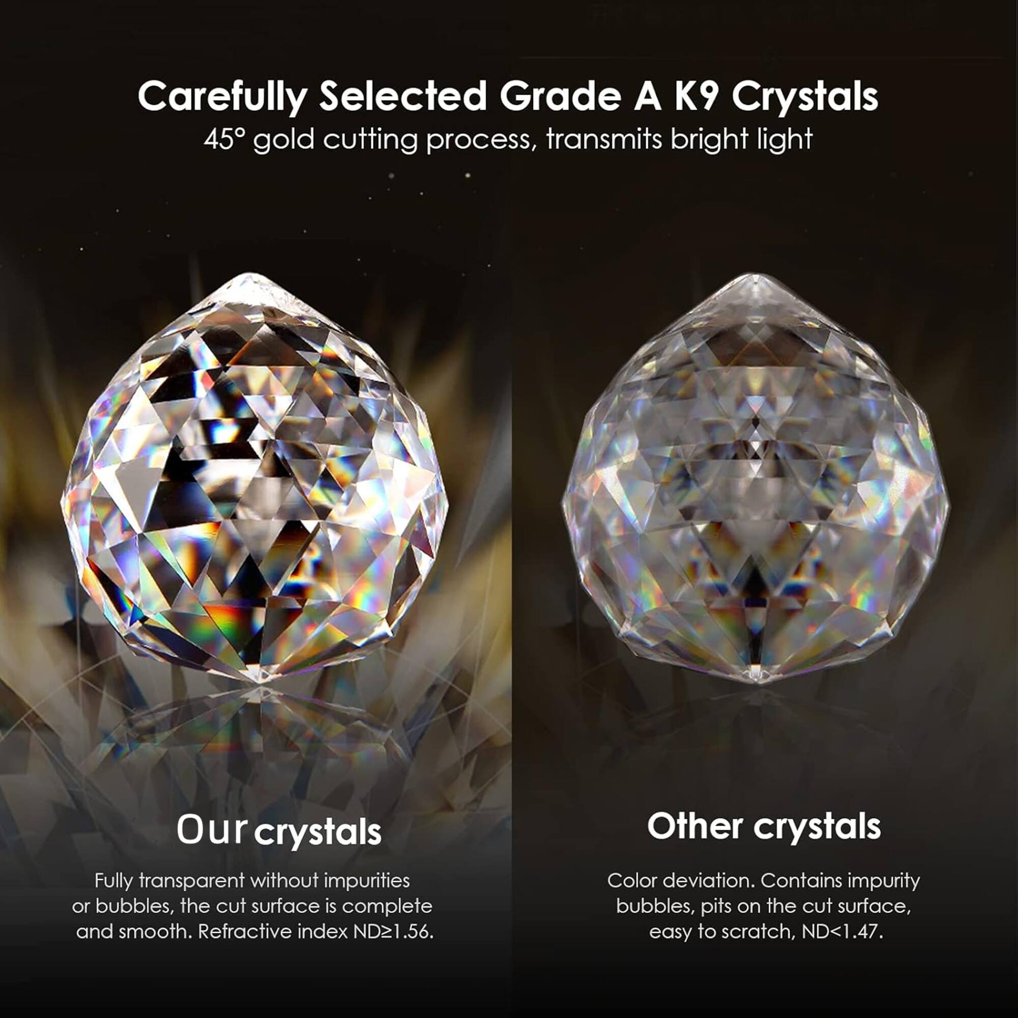 Carefully Selected Grade A K9 Crystals  
45° gold cutting process, transmits bright light  

Our crystals  
Fully transparent without impurities or bubbles, the cut surface is complete and smooth. Refractive index ND≥1.56.  

Other crystals  
Color deviation. Contains impurity bubbles, pits on the cut surface, easy to scratch, ND<1.47.