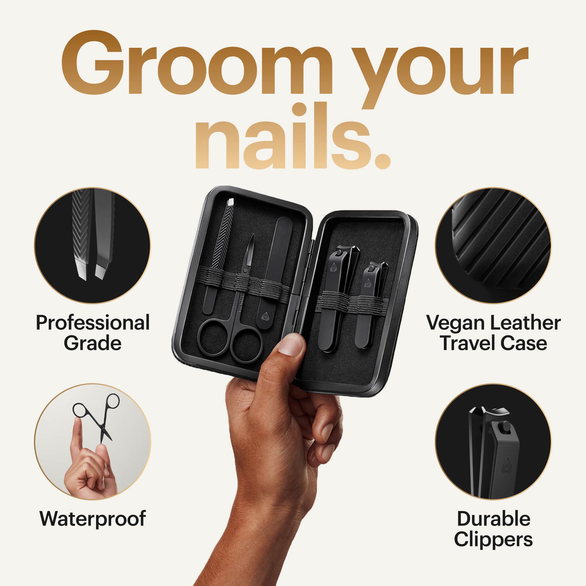 Groom your nails. Professional Grade Vegan Leather Travel Case Waterproof Durable Clippers.