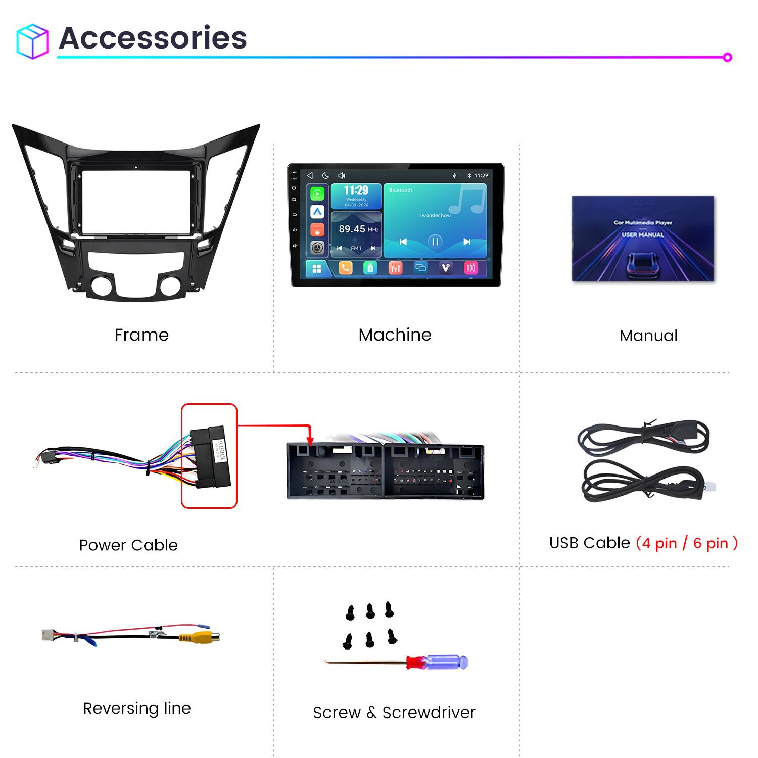 Accessories

- Frame
- Machine
- Manual
- Power Cable
- USB Cable (4 pin / 6 pin)
- Reversing line
- Screw & Screwdriver