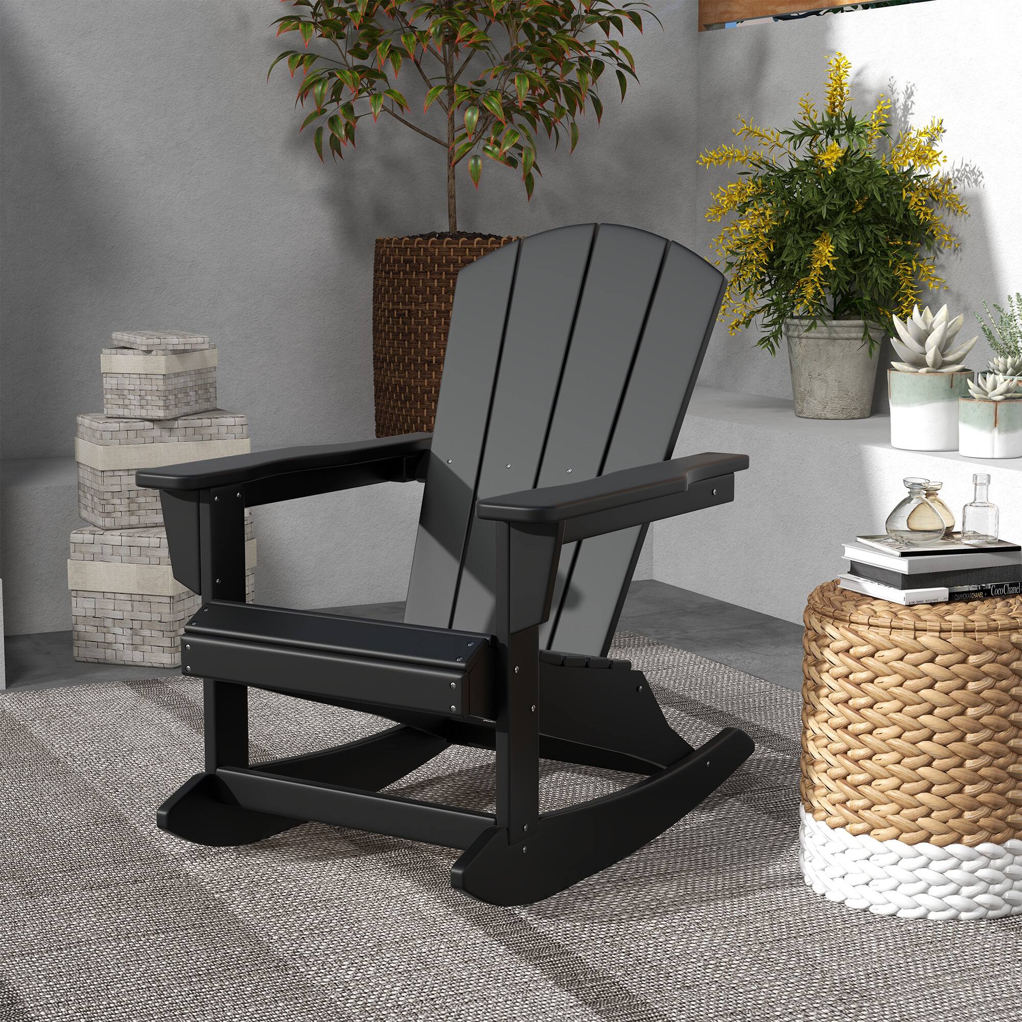 Angle. Outsunny - Adirondack Rocking Chair, All Weather HDPE Porch Rocker, Rocking Fire Pit Chair for Patio, Garden, Lawn, Black - Black.