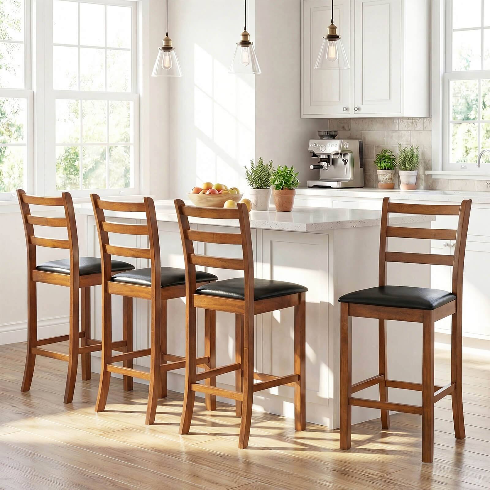 Alt View 4. Costway - Costway 24" Rubber Wood Ladder Back Bar Stools Set of 4 with Upholstered Cushioned Seats - Walnut,Black.