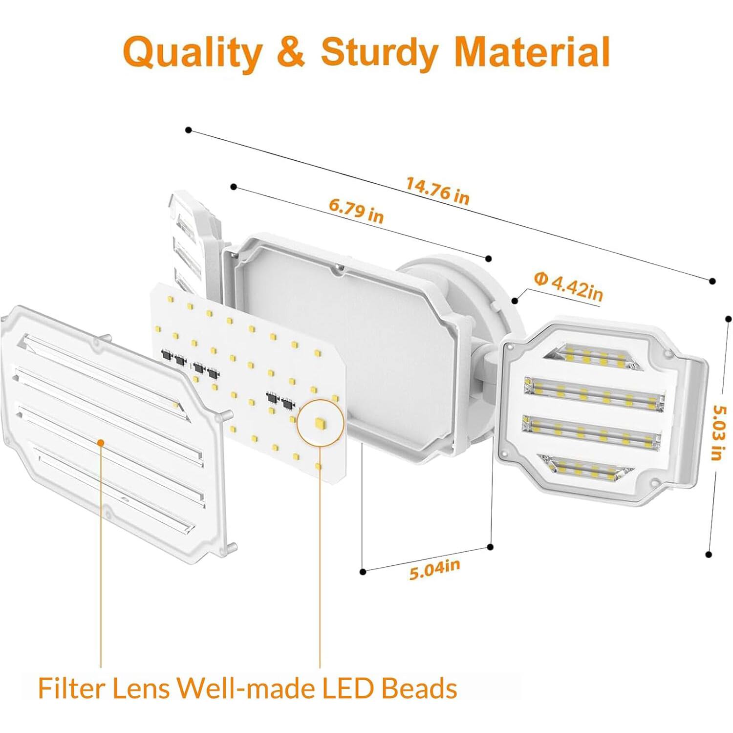 Quality & Sturdy Material

14.76 in  
6.79 in  
4.42 in  
5.03 in  
5.04 in

Filter Lens Well-made LED Beads