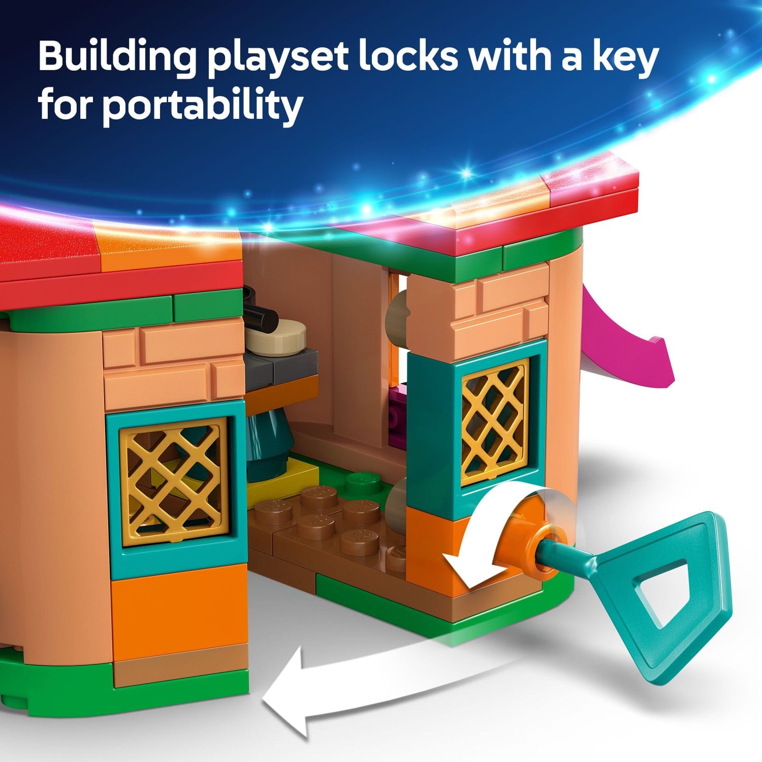 Building playset locks with a key for portability.