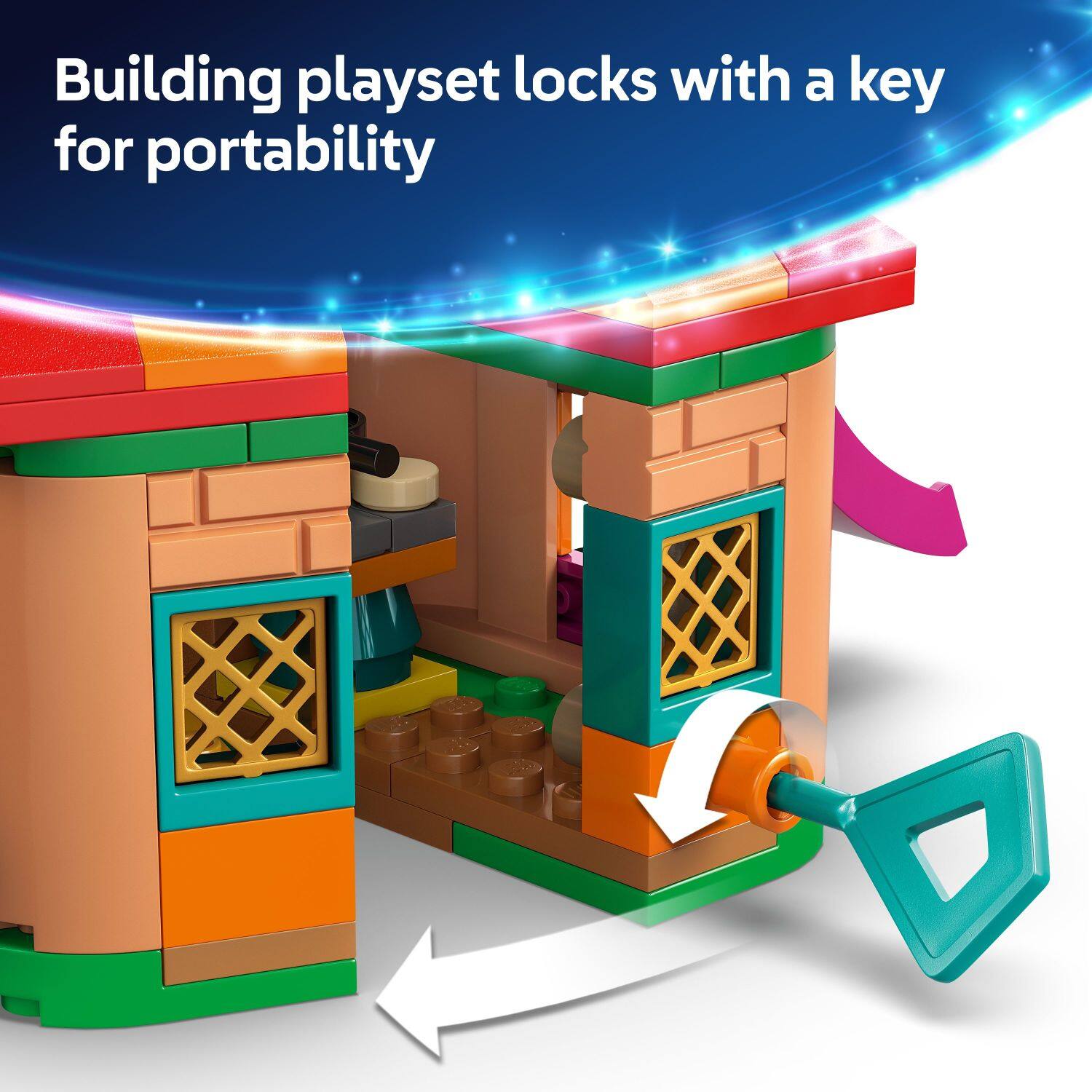 Building playset locks with a key for portability.