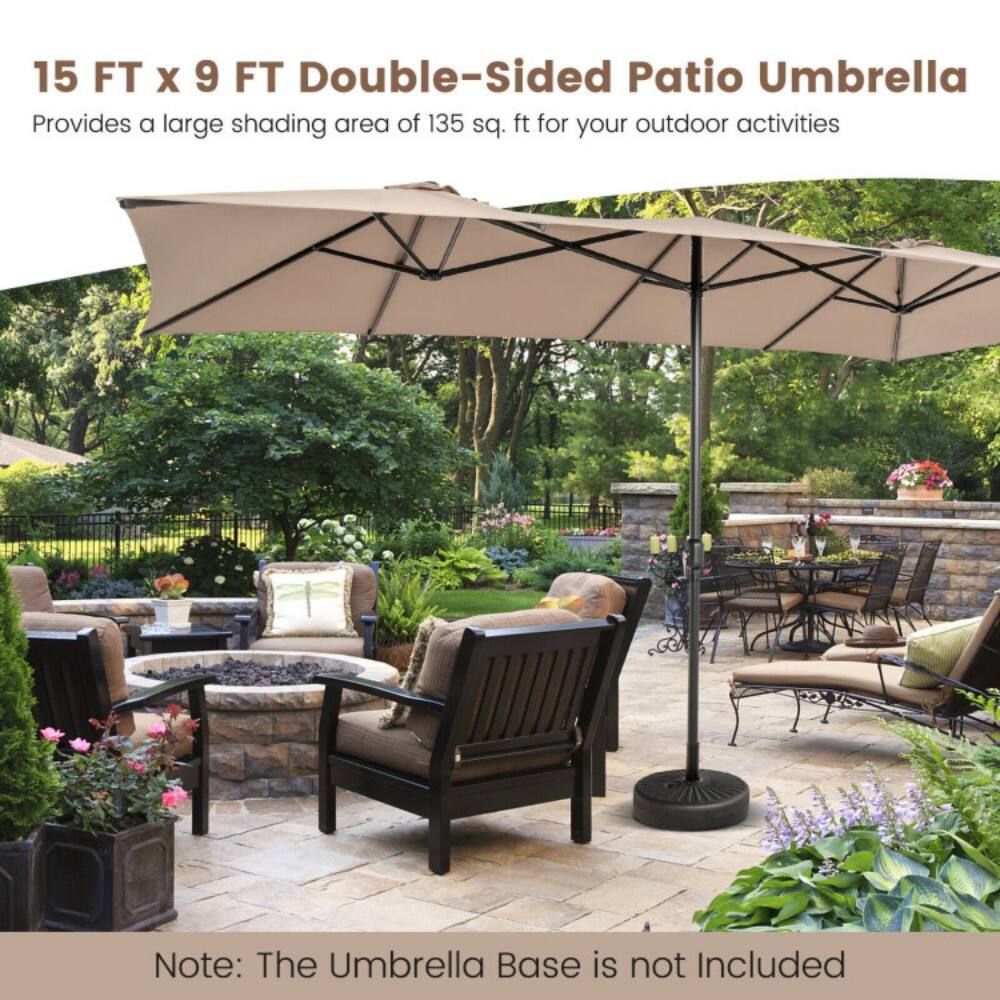 15 FT x 9 FT Double-Sided Patio Umbrella  
Provides a large shading area of 135 sq. ft for your outdoor activities  

Note: The Umbrella Base is not Included
