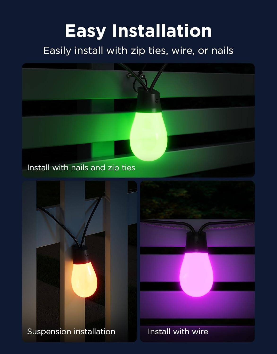 Easy Installation  
Easily install with zip ties, wire, or nails  

Install with nails and zip ties  

Suspension installation  

Install with wire