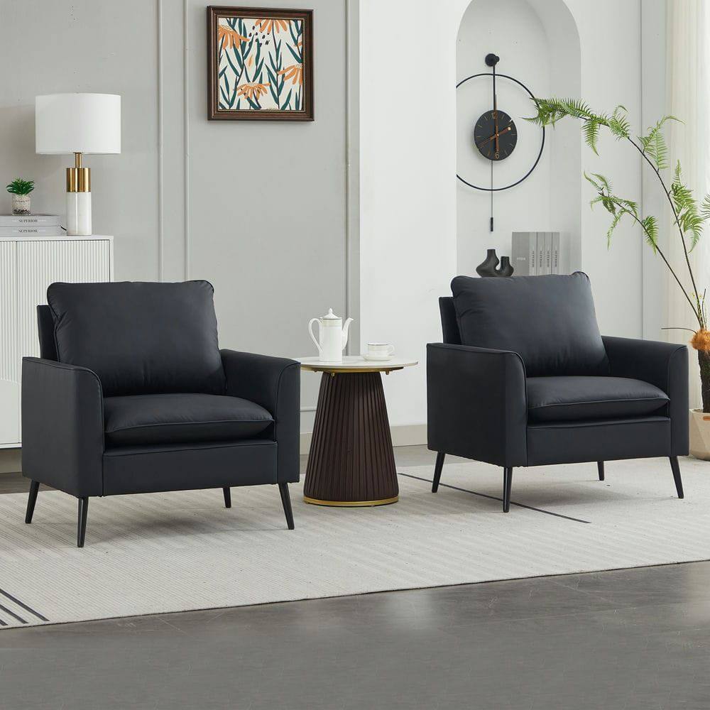Alt View 7. Kadyn - Faux Leather Upholstered 2-Piece Sofa Set, Nordic Retro Style Casual Sofa Chair for Living Room, Black - Black.