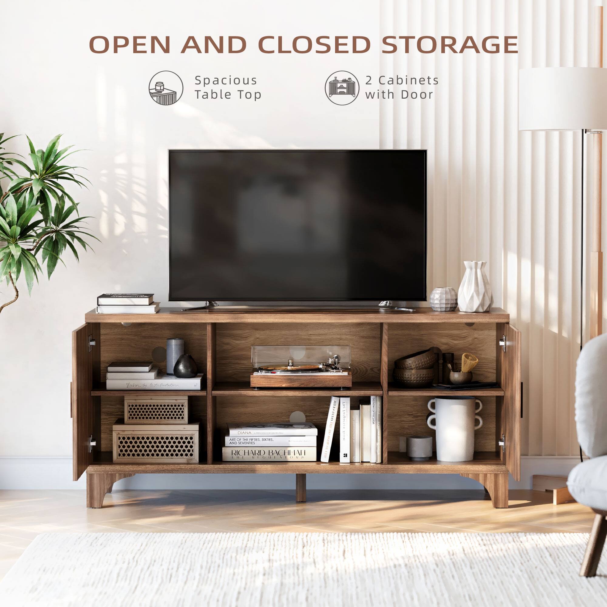 OPEN AND CLOSED STORAGE  
Spacious Table Top  
2 Cabinets with Door