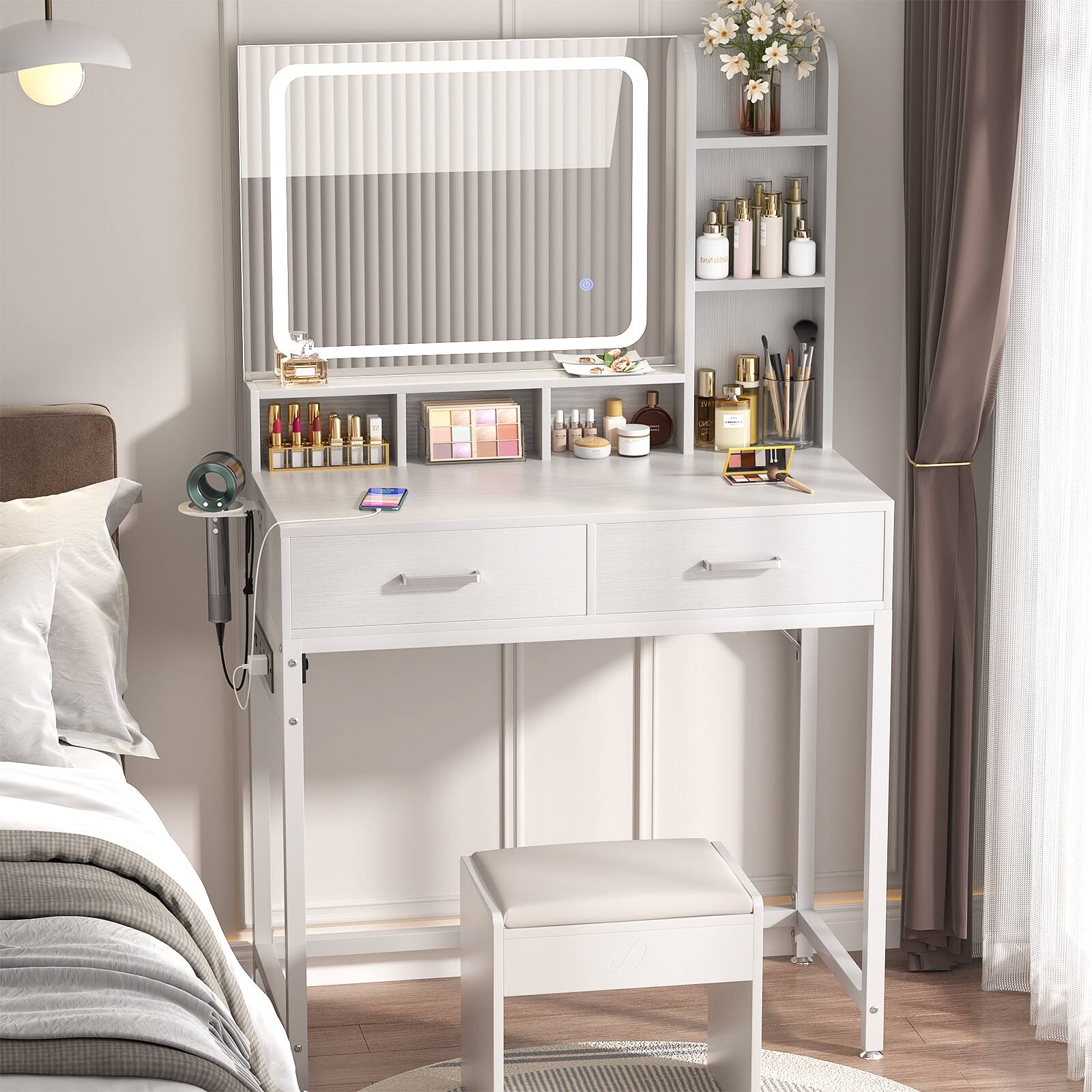 Alt View 5. Aheaplus - Makeup Vanity Desk with Lighted Mirror and Charging Station, 31.5'' Small Vanity Table with Drawers - White.