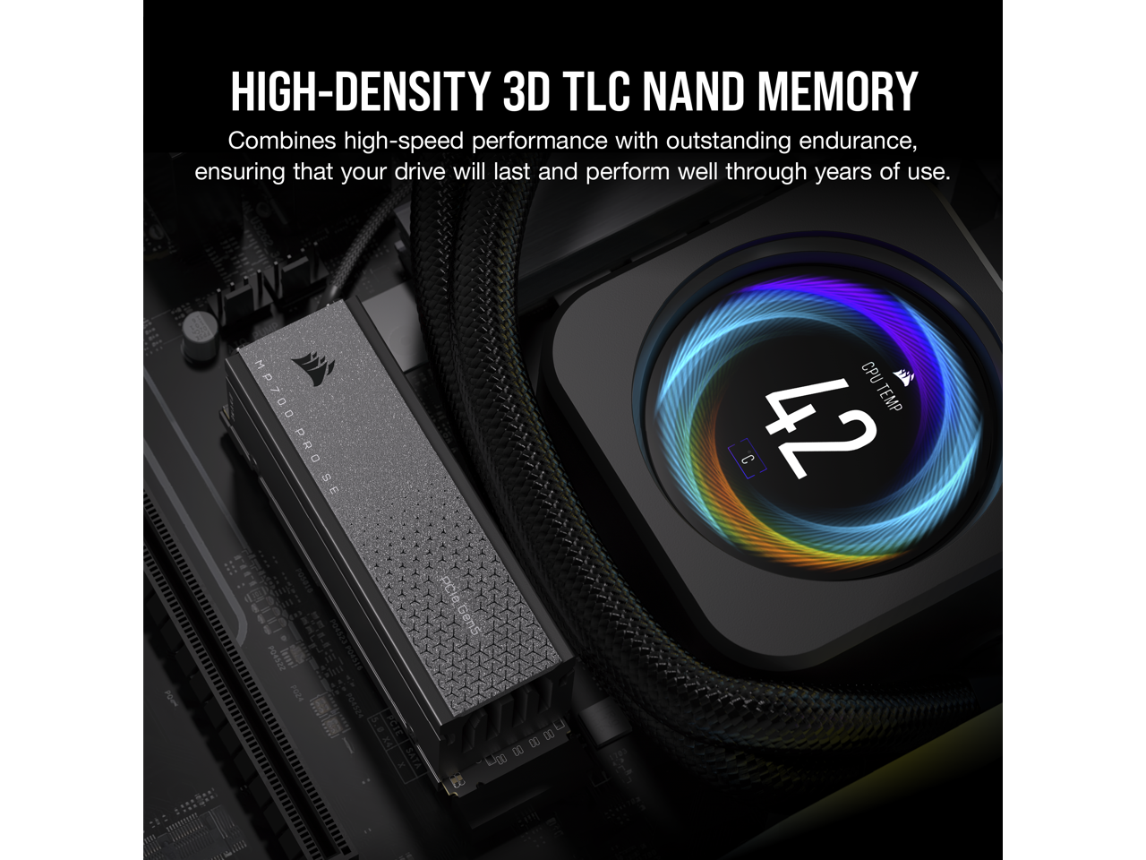 HIGH-DENSITY 3D TLC NAND MEMORY  
Combines high-speed performance with outstanding endurance, ensuring that your drive will last and perform well through years of use.  

PoP MP700 PRO SE  
E I P04522  
lamsl  
P024  
PO4524  
PCIC  
I H  
PCie_Gen5  
Gen5  
0 0  
CPU TEMP  
C  
42