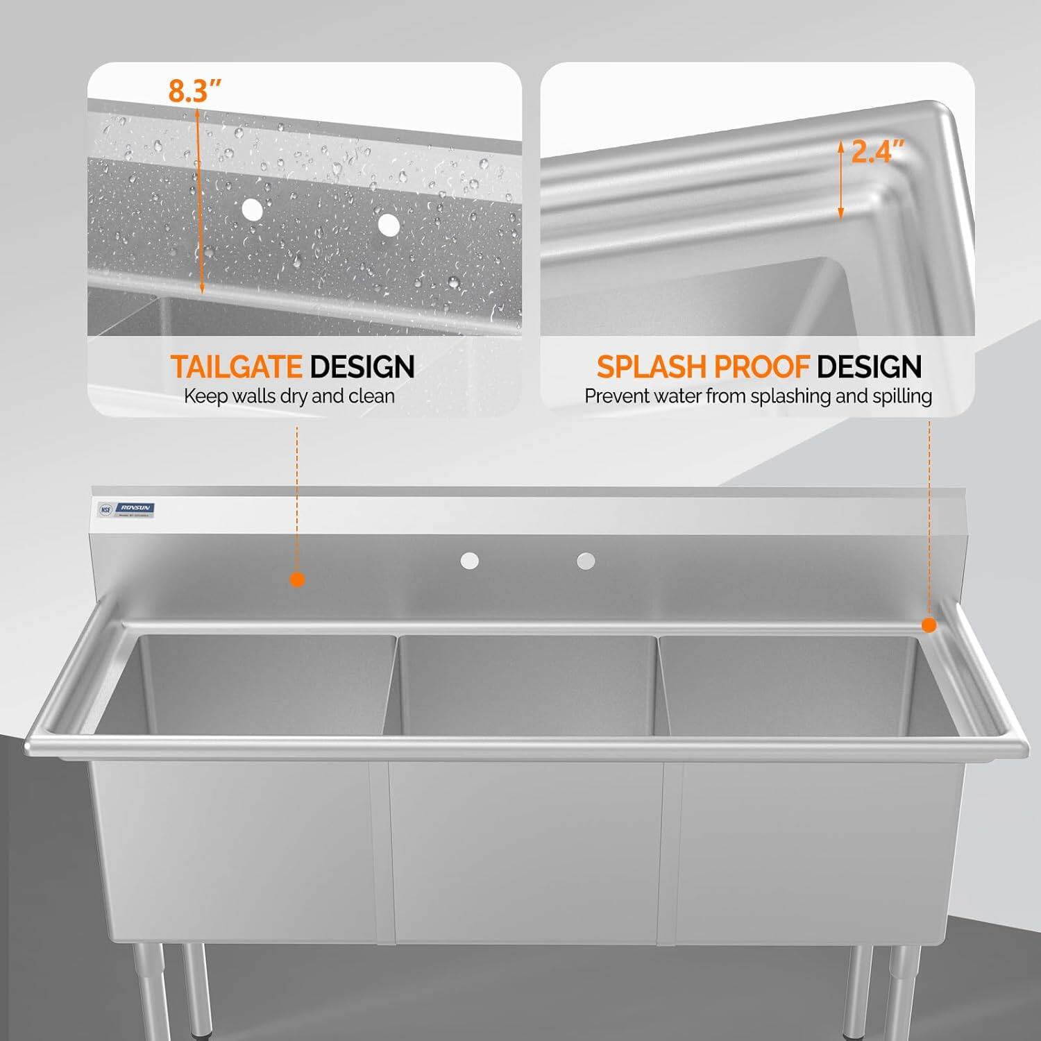 8.3" 2.4" TAILGATE DESIGN Keep walls dry and clean SPLASH PROOF DESIGN Prevent water from splashing and spilling