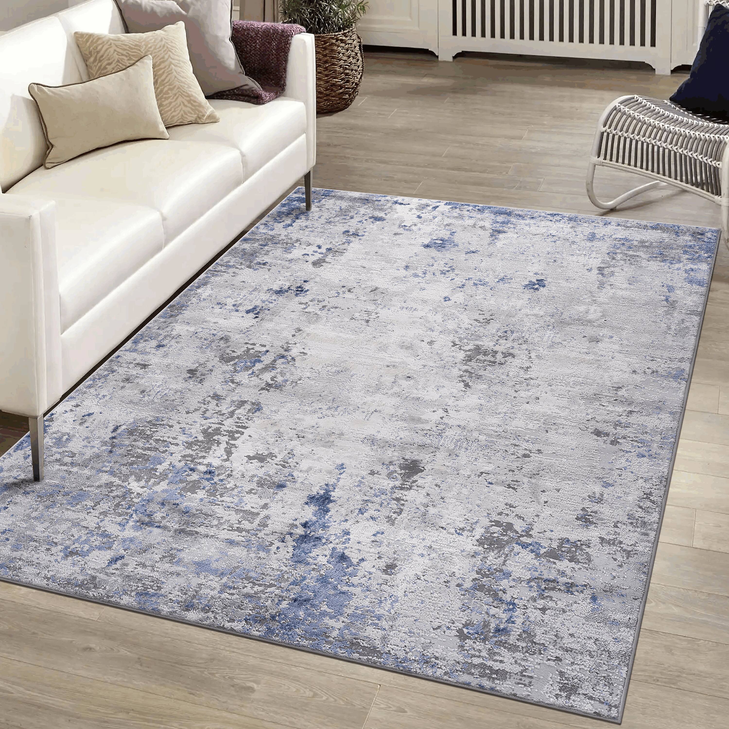 Angle. TinyHomie - Collection 5X7 Silver/Blue/Abstract Non-Shedding Living Room Bedroom Dining Office Stylish and Stain Resistant Area Rug - Silver.